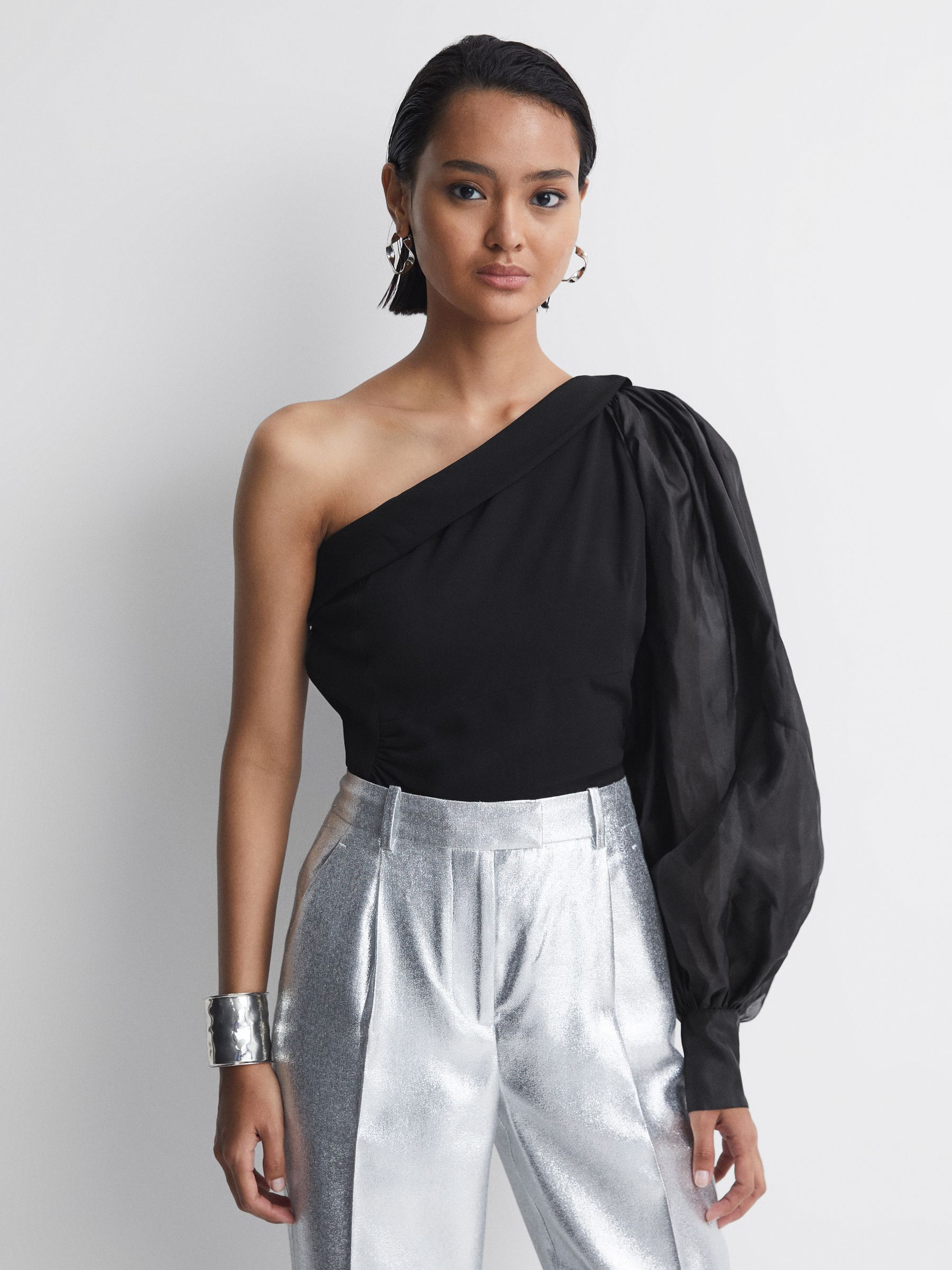 One-Shoulder Blouson Sleeve Ruche Top in Black - Image 3 of 5