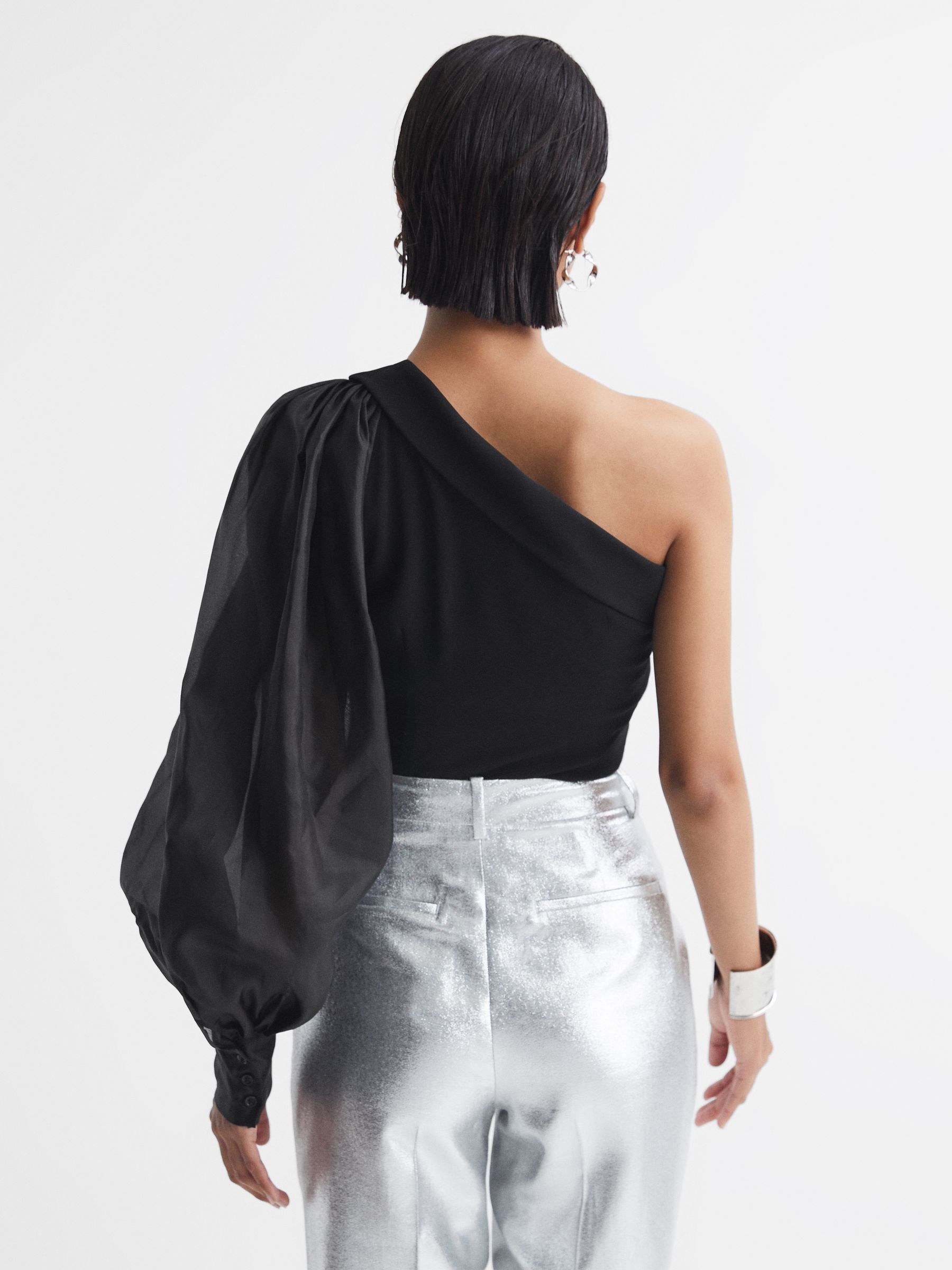 One-Shoulder Blouson Sleeve Ruche Top in Black - Image 5 of 5