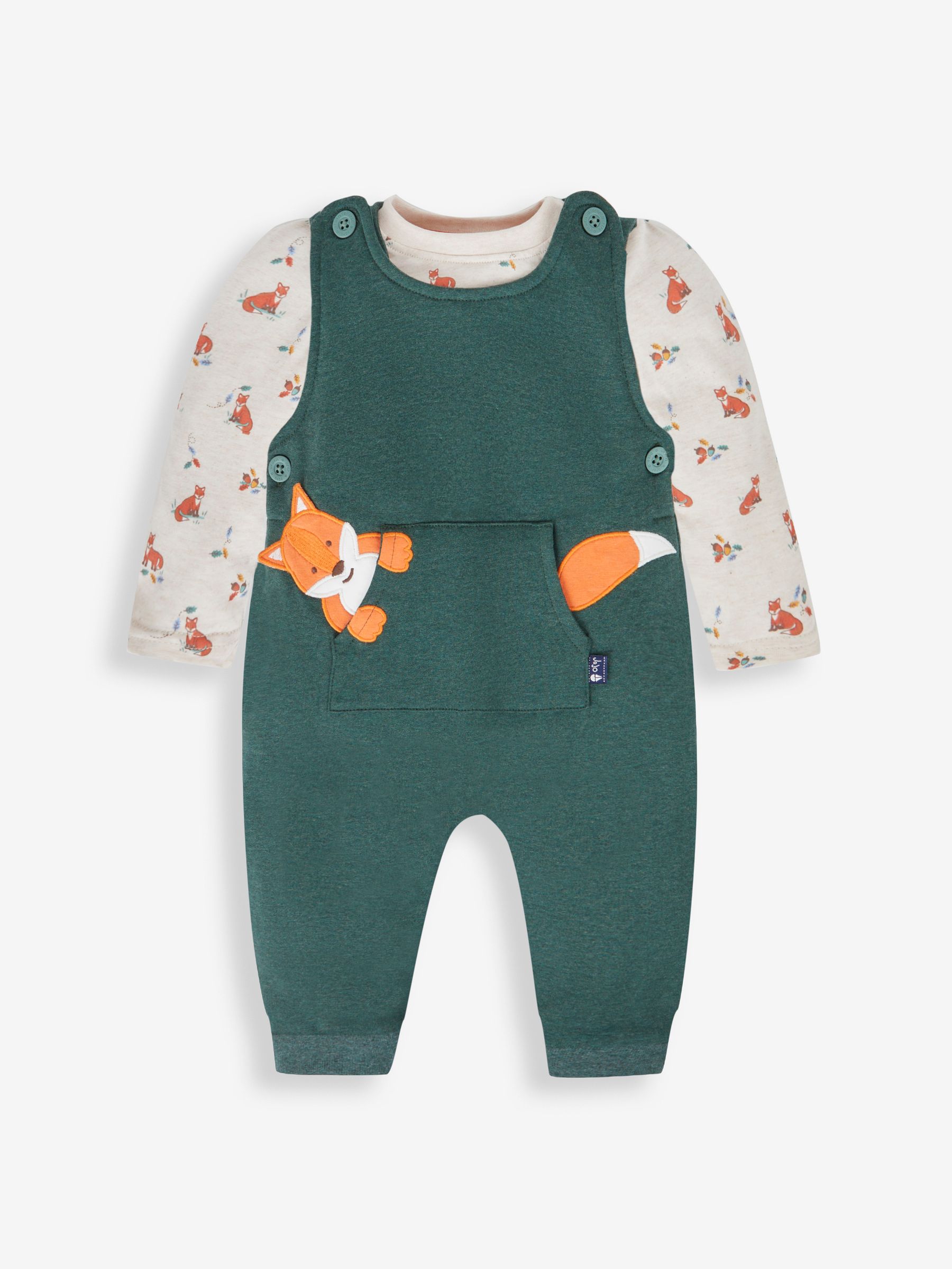 Marl Green Fox Boys' Sausage Dog Appliqué Pocket Dungarees & Top Set - Image 1 of 6