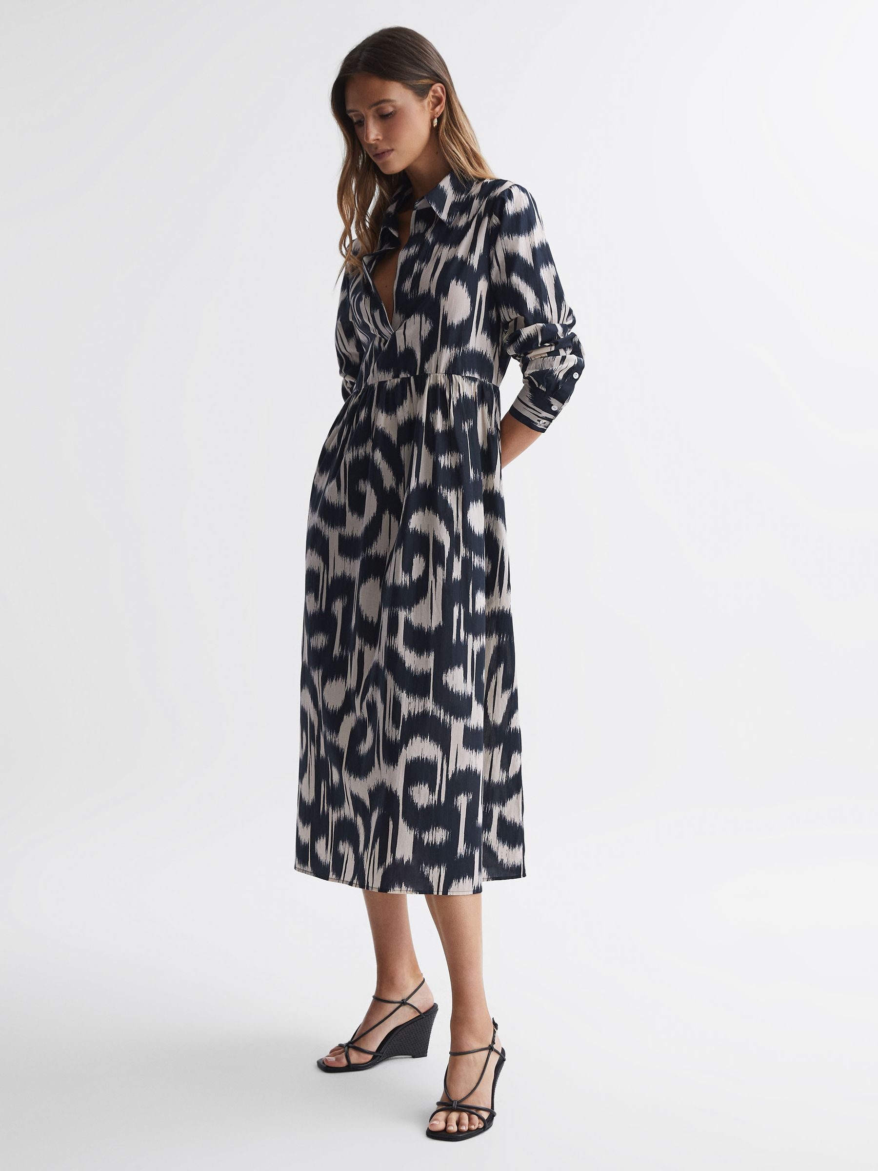 Printed Midi Dress in Black/Cream - Image 1 of 5