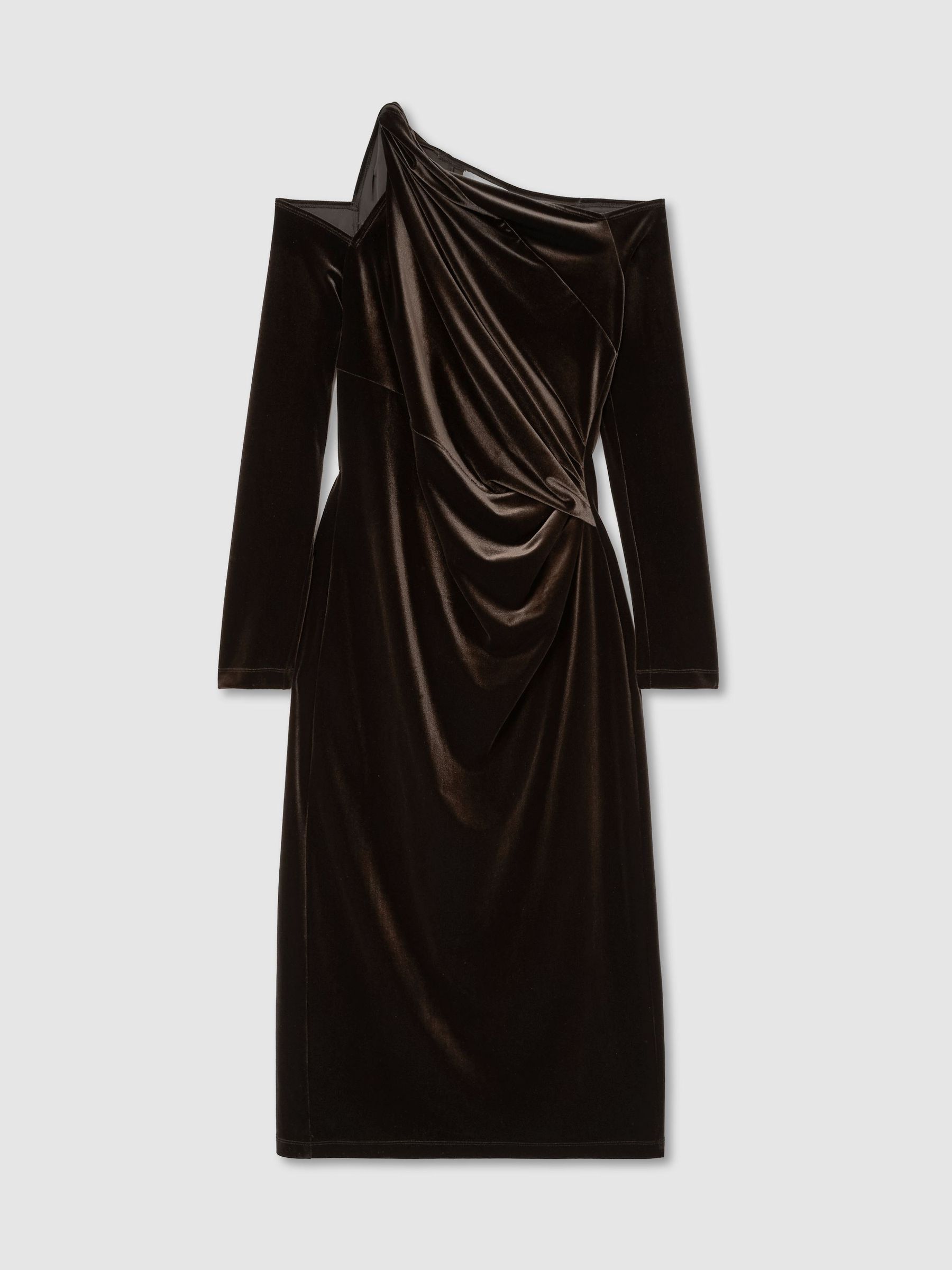 Velvet One-Shoulder Draped Midi Dress in Olive Green - Image 2 of 7