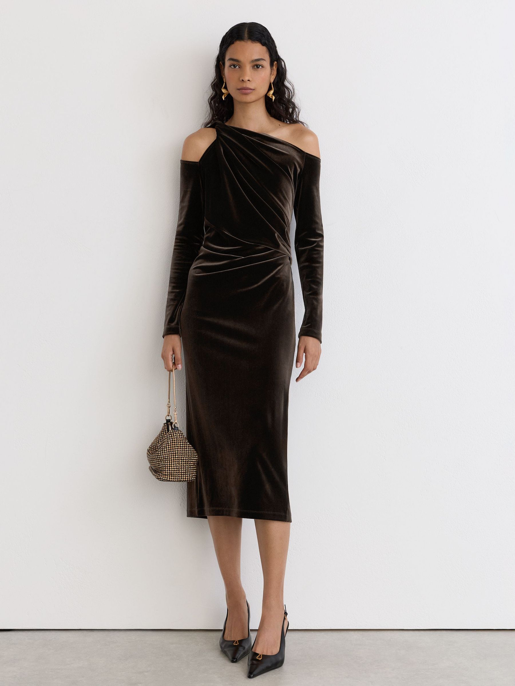 Velvet One-Shoulder Draped Midi Dress in Olive Green - Image 3 of 7