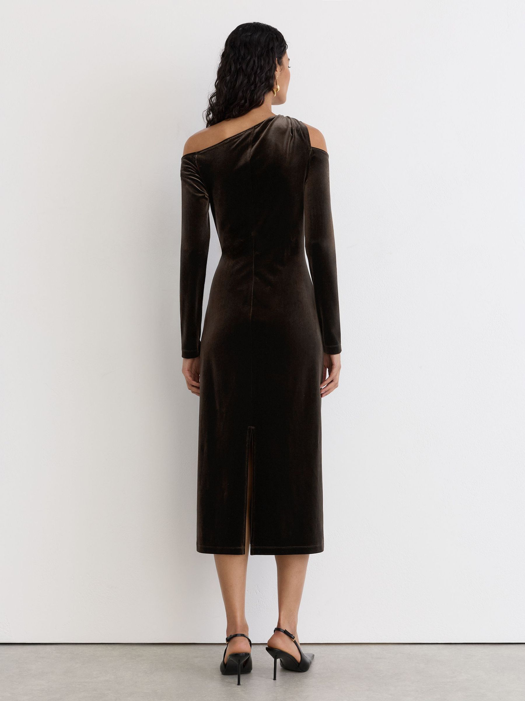 Velvet One-Shoulder Draped Midi Dress in Olive Green - Image 5 of 7