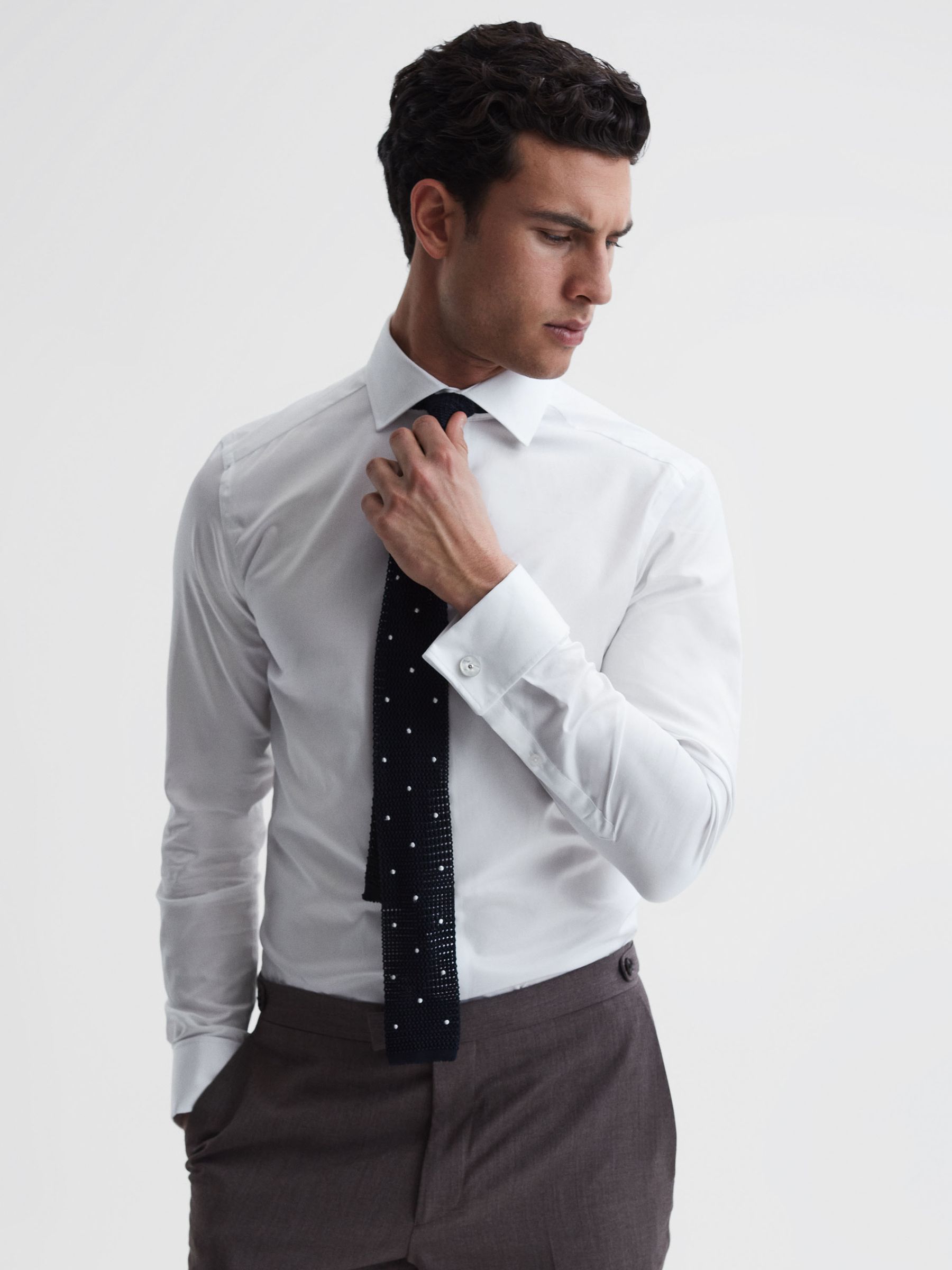 Slim Fit Cotton Cutaway Collar Shirt in White - Image 1 of 7
