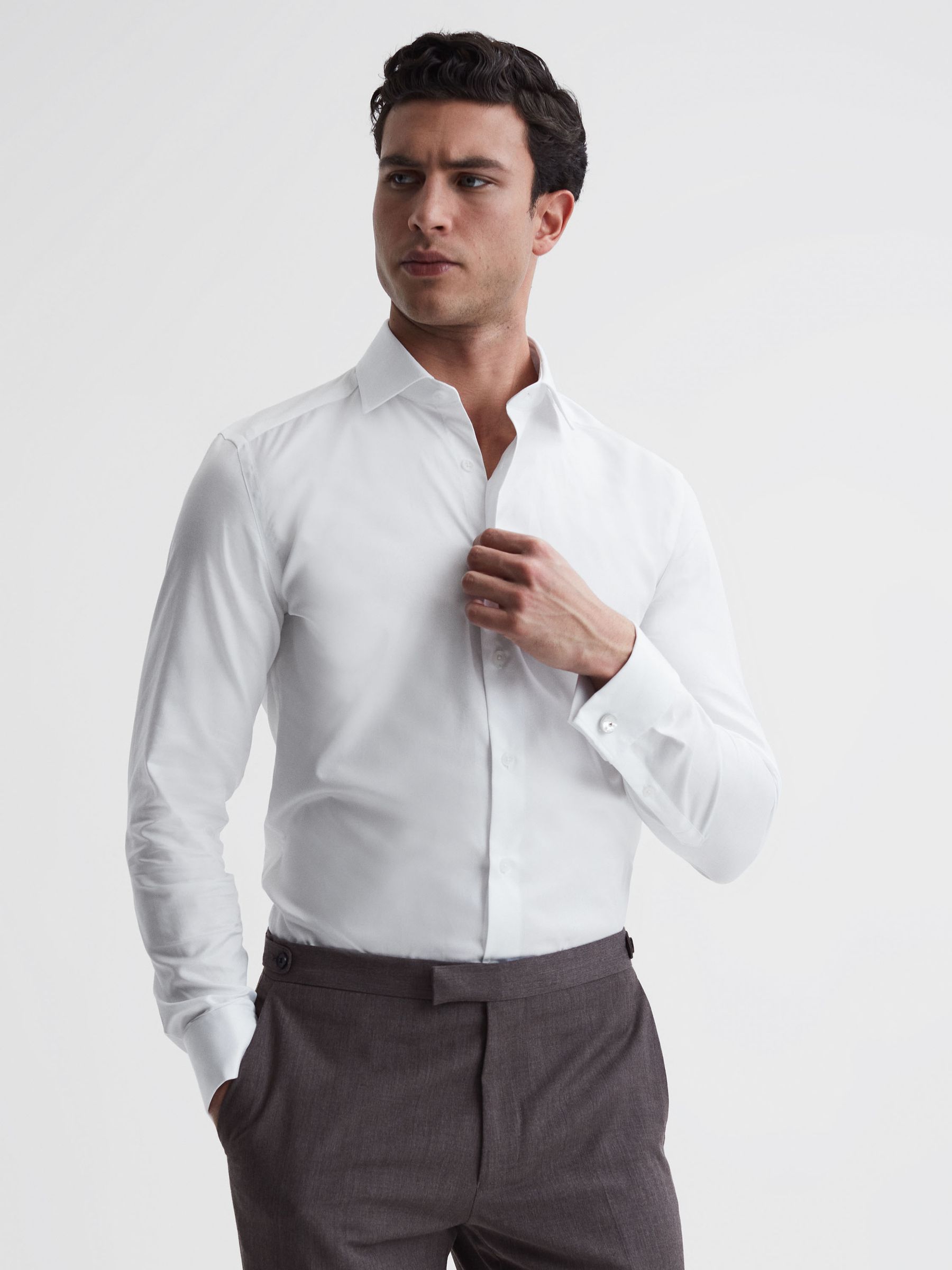 Slim Fit Cotton Cutaway Collar Shirt in White - Image 5 of 7