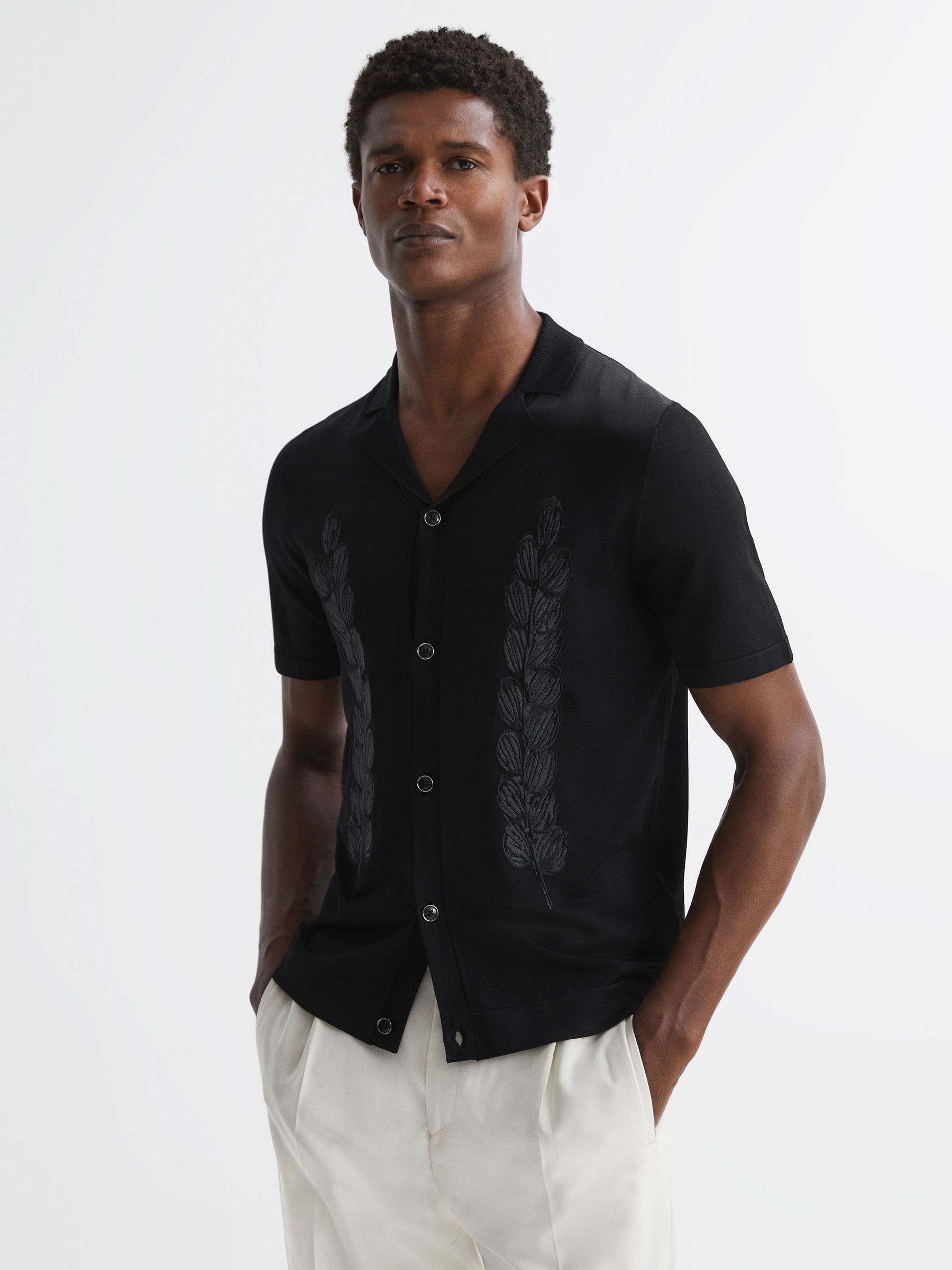 Embroidered Cuban Collar Button Through T-Shirt in Black - Image 1 of 4