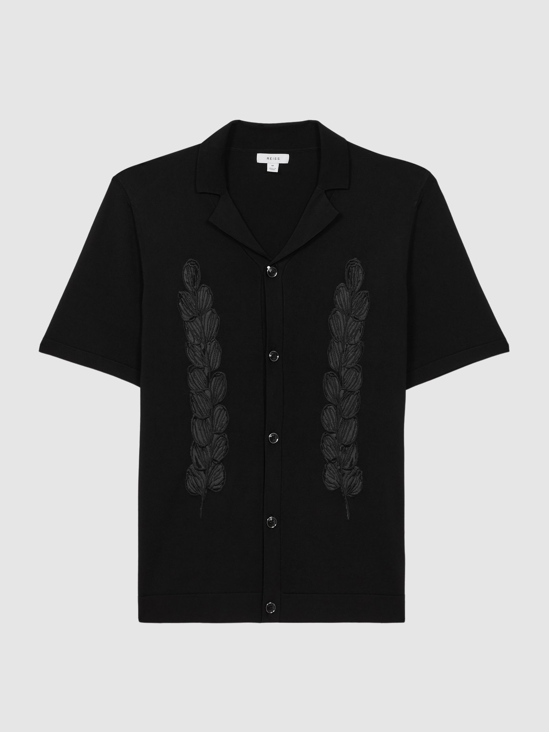 Embroidered Cuban Collar Button Through T-Shirt in Black - Image 2 of 4