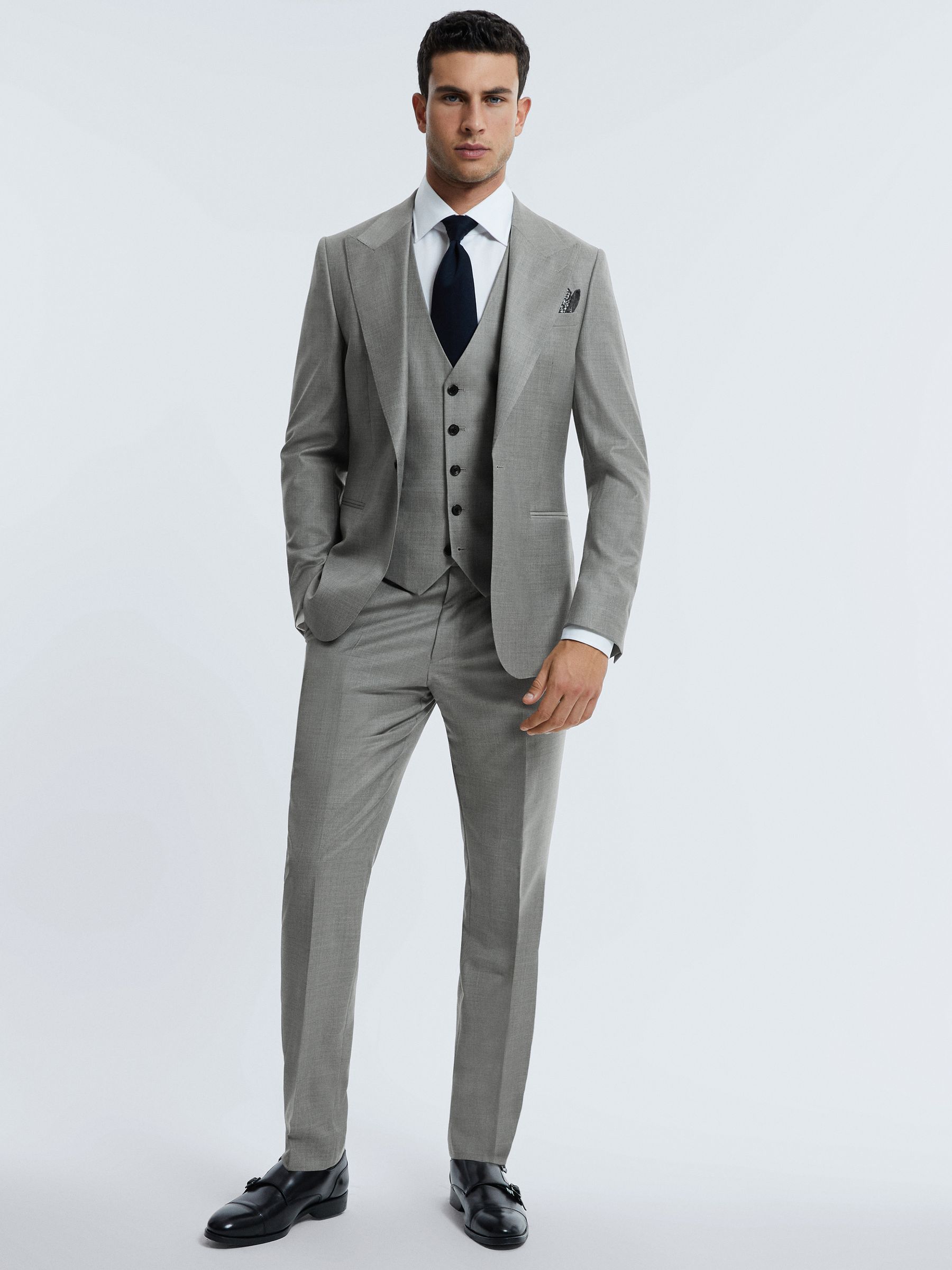 Atelier Wool Cashmere Slim Fit Single Breasted Blazer in Grey Melange - Image 3 of 8