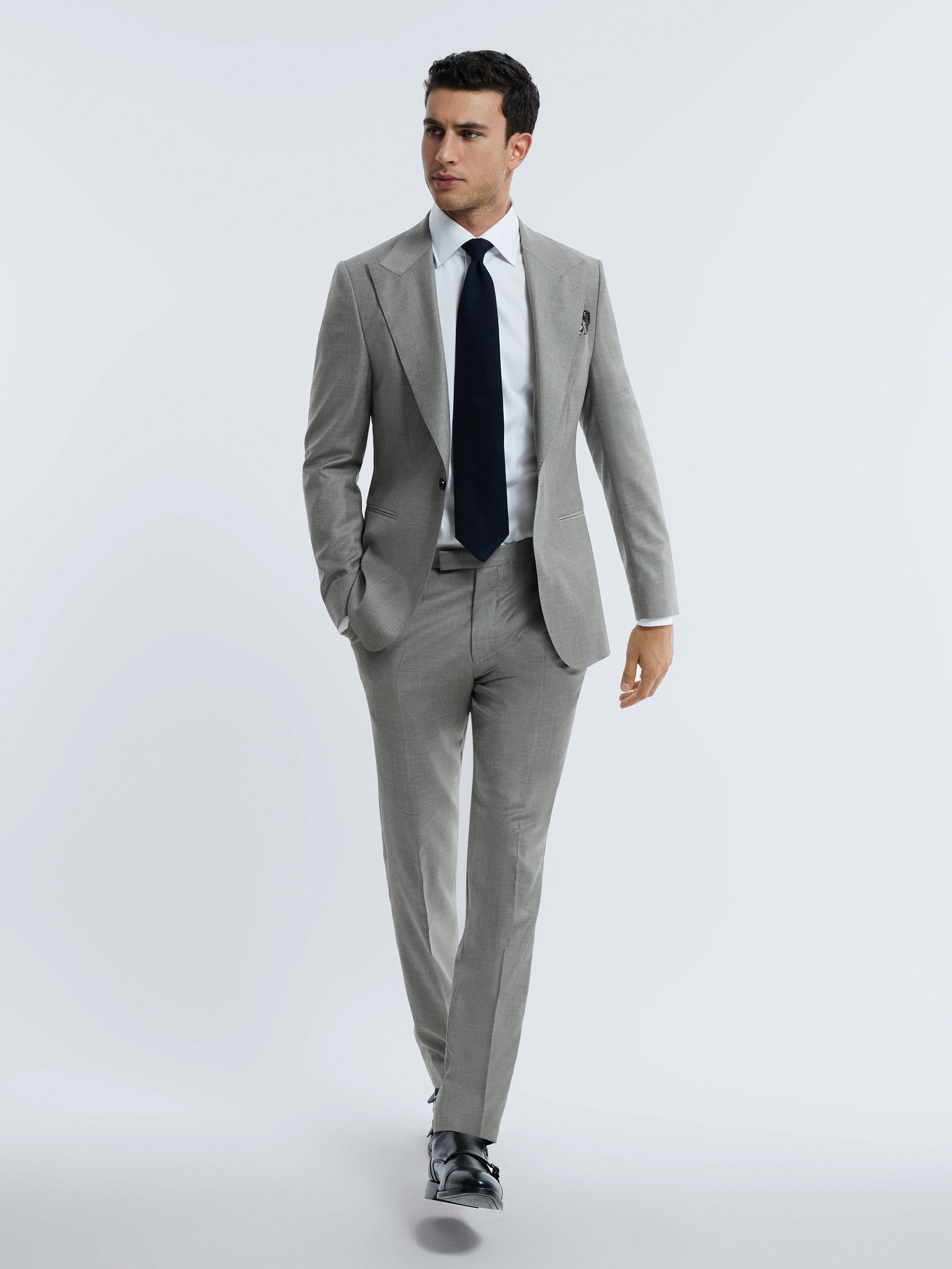 Atelier Wool Cashmere Slim Fit Single Breasted Blazer in Grey Melange - Image 6 of 8