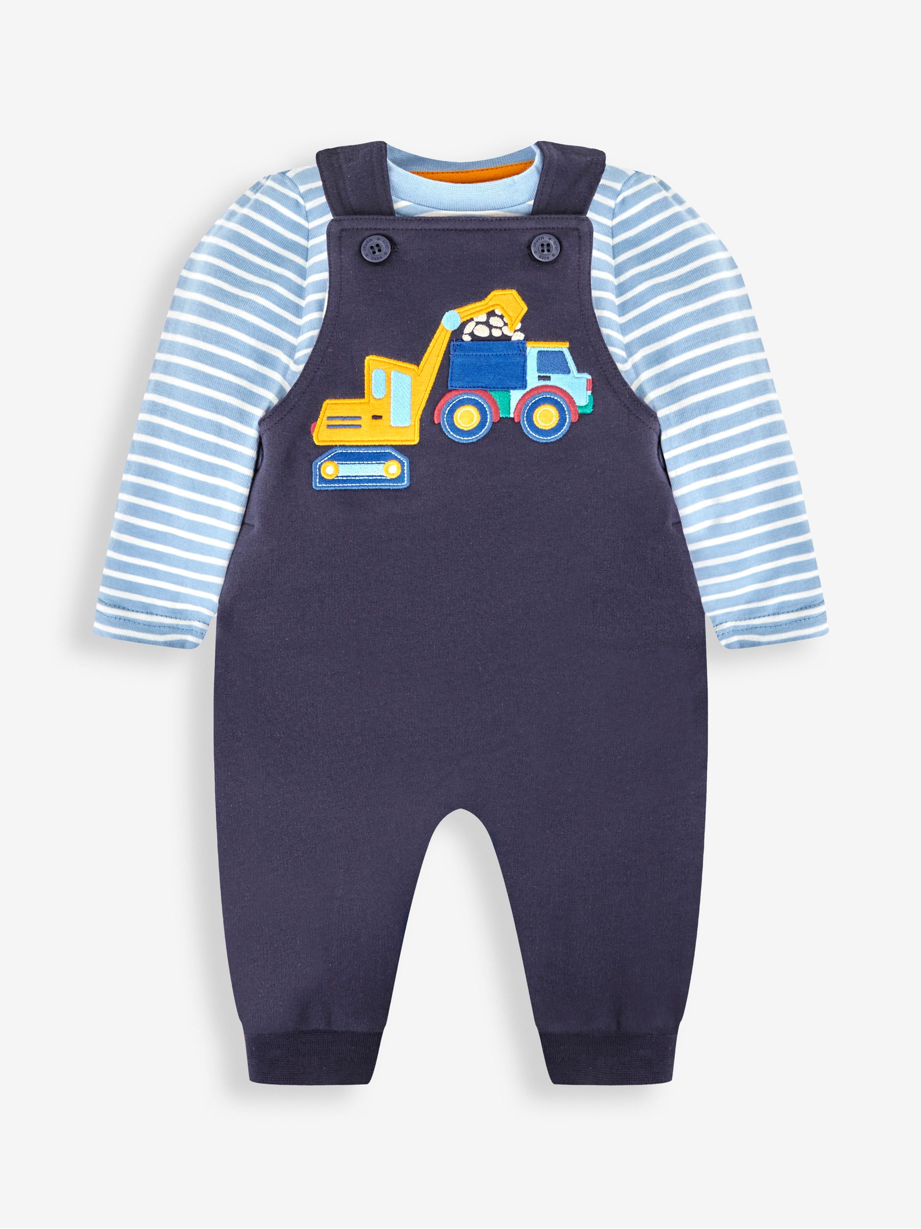 Navy Blue Construction Construction Appliqué Dungarees & Stripe Top Set - Image 1 of 4