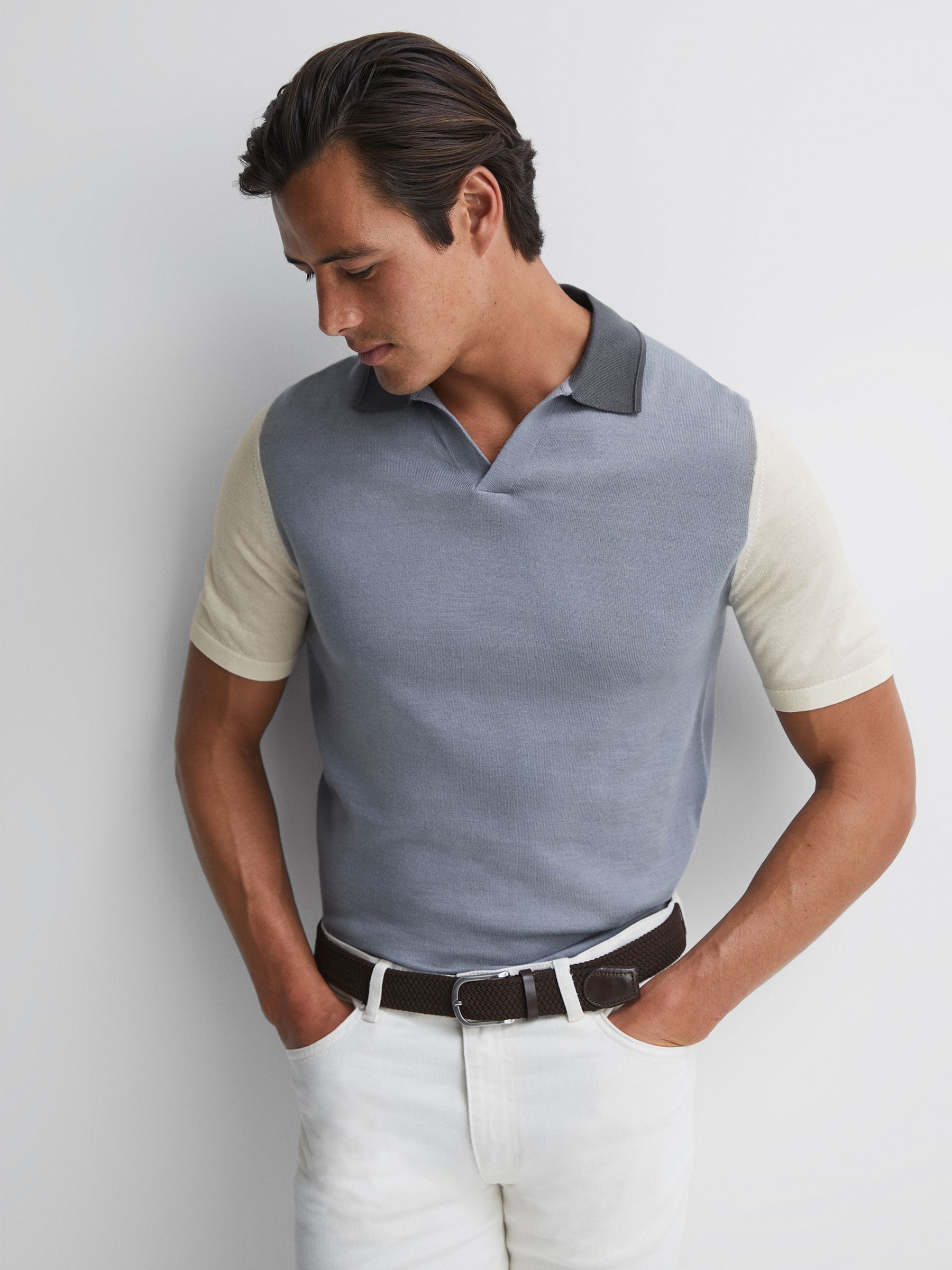 Wool Open Collar Polo Shirt in Porcelain Blue - Image 4 of 5