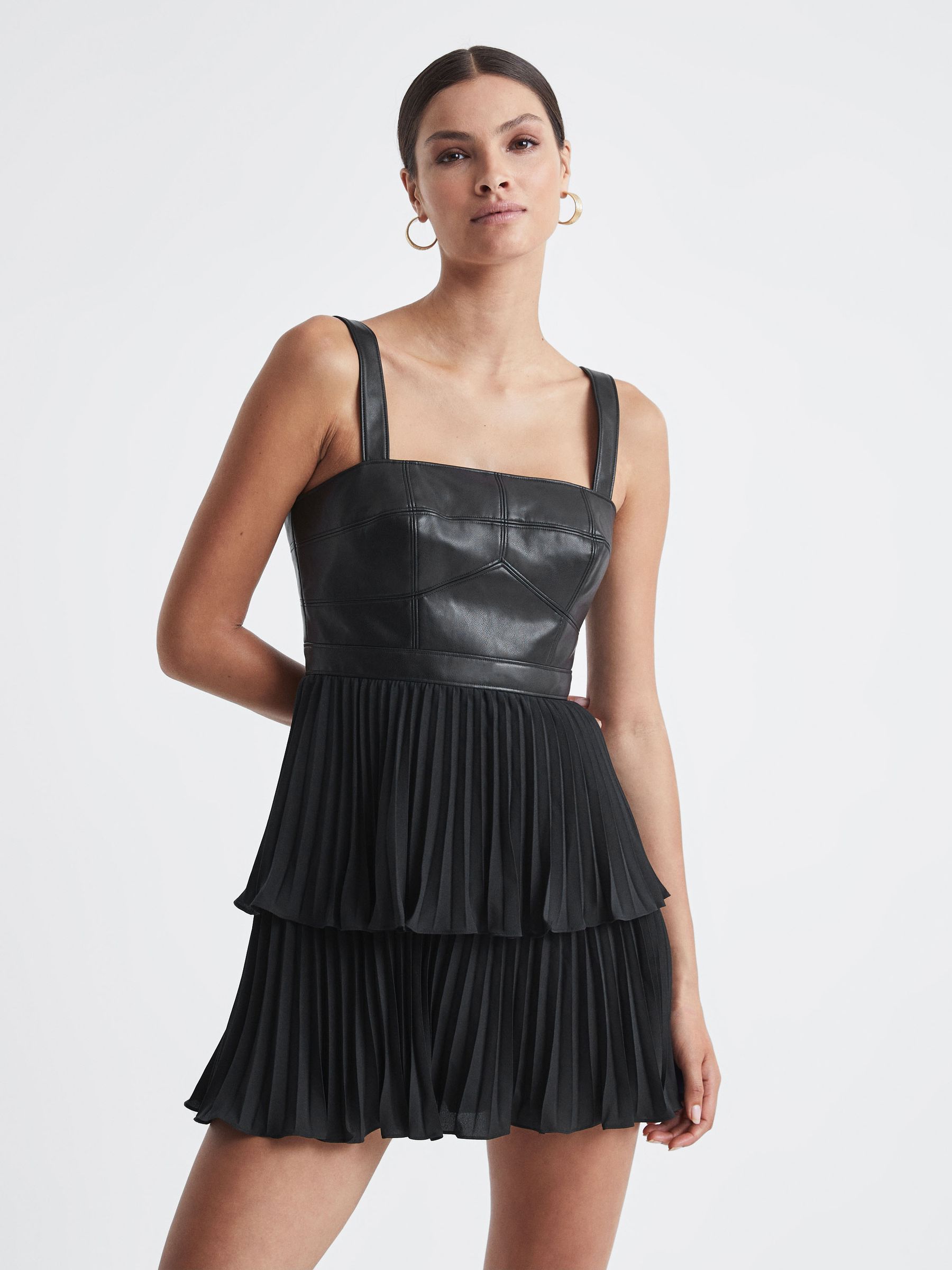 Amur Faux Leather Tiered Black Mini Dress in Black - Image 1 of 7