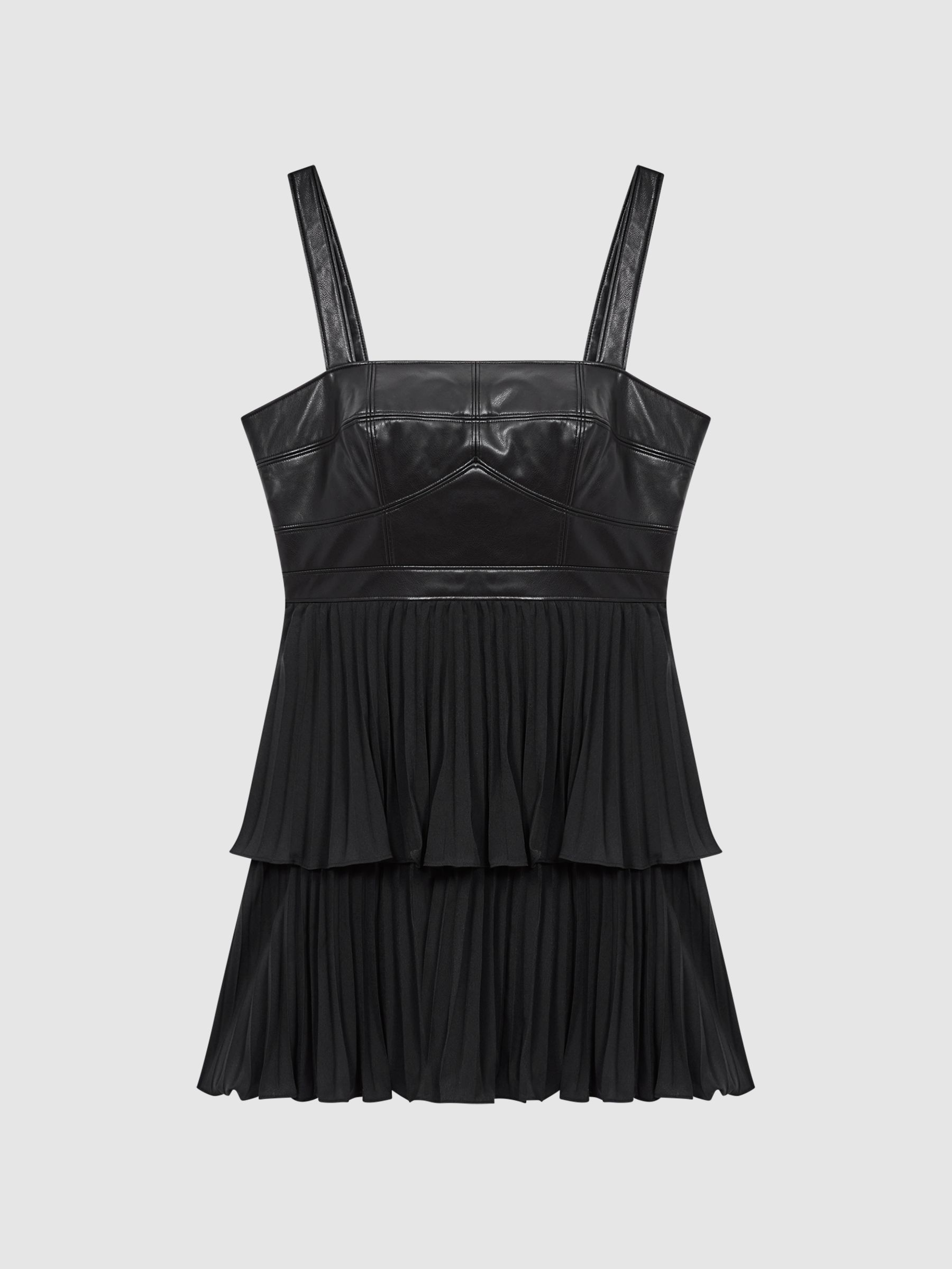 Amur Faux Leather Tiered Black Mini Dress in Black - Image 2 of 7