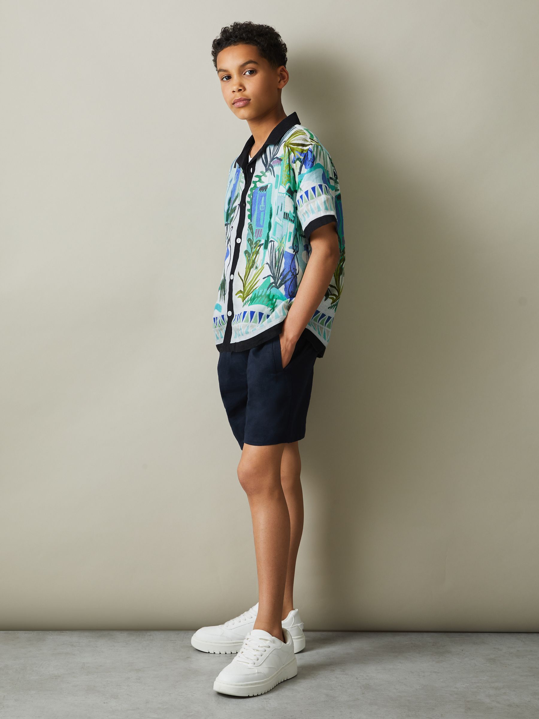 9-13 yrs Printed Cuban Collar Shirt in Blue Multi - Image 3 of 4