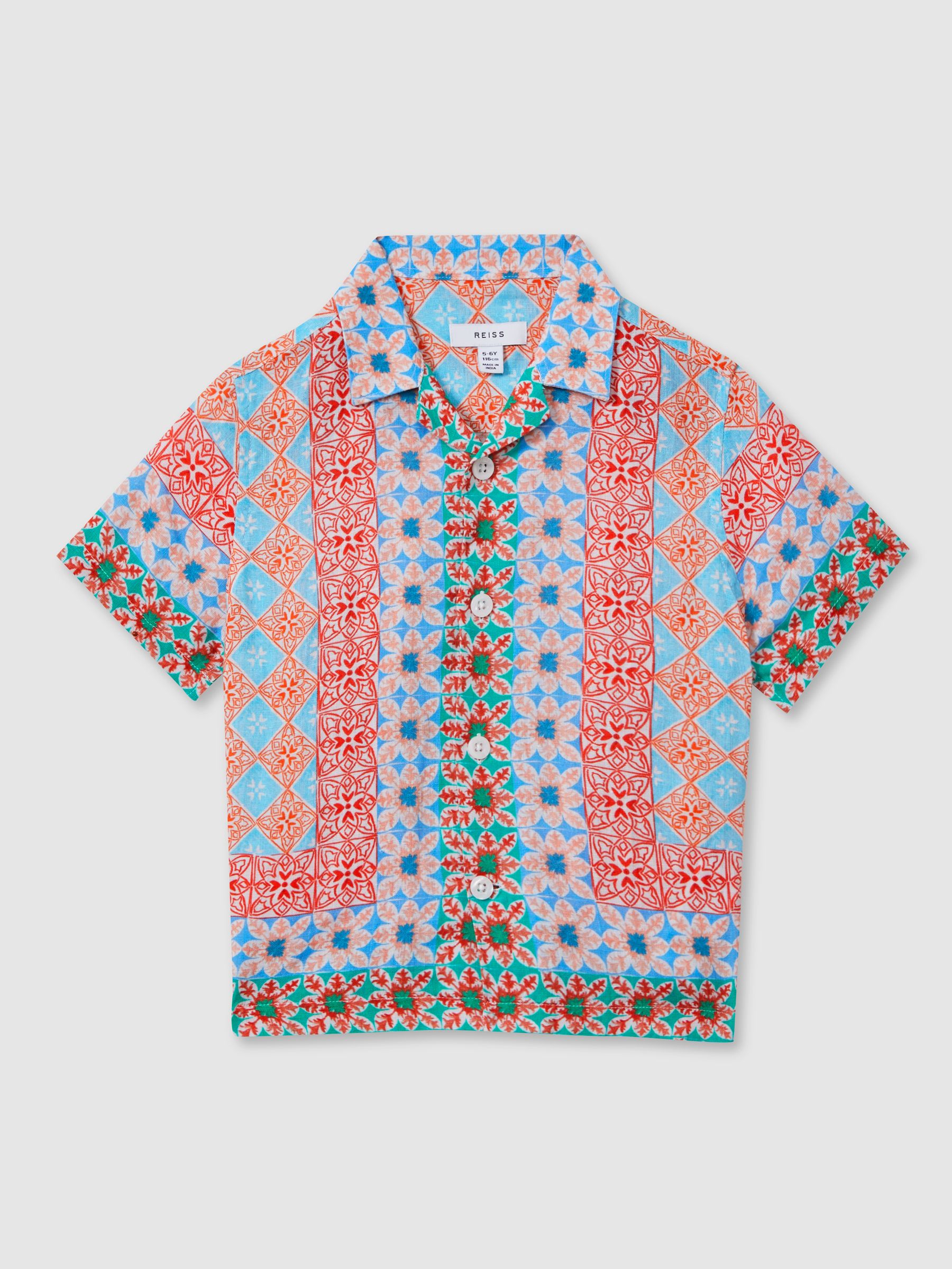 9-13 yrs Linen Printed Cuban Collar Shirt in Orange Multi - Image 2 of 4