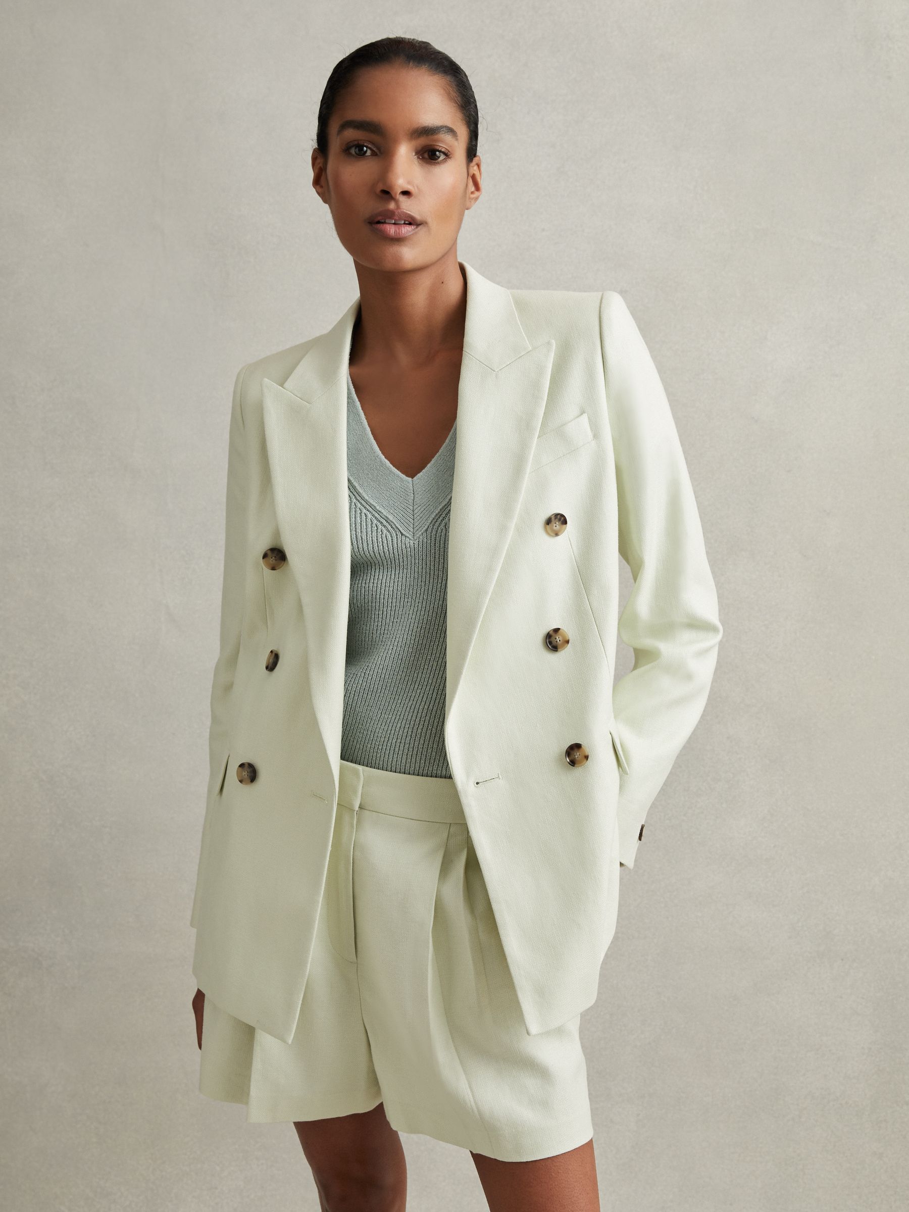 Double Breasted Linen Blend Suit Blazer in Mint - Image 1 of 6
