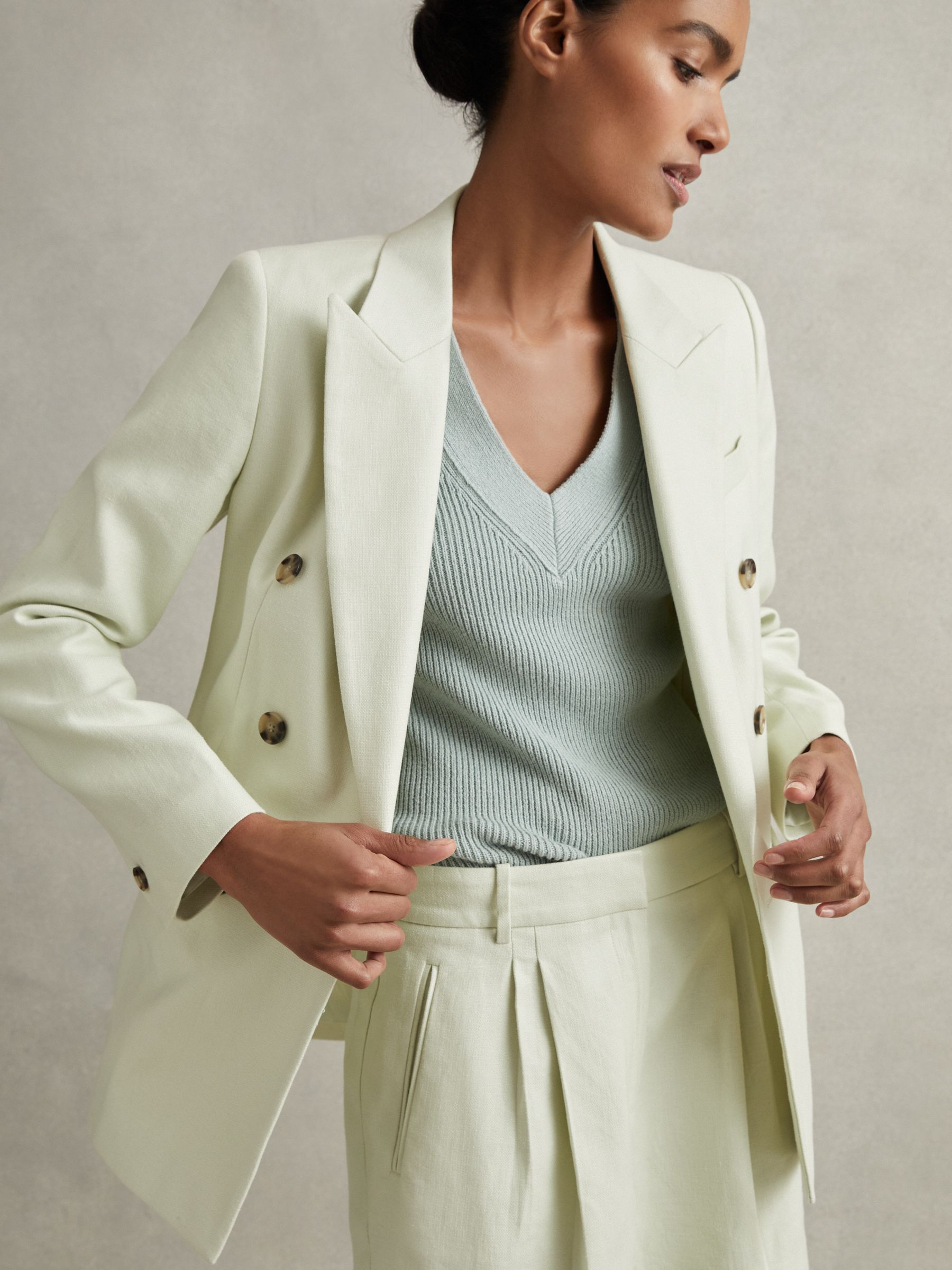 Double Breasted Linen Blend Suit Blazer in Mint - Image 5 of 6