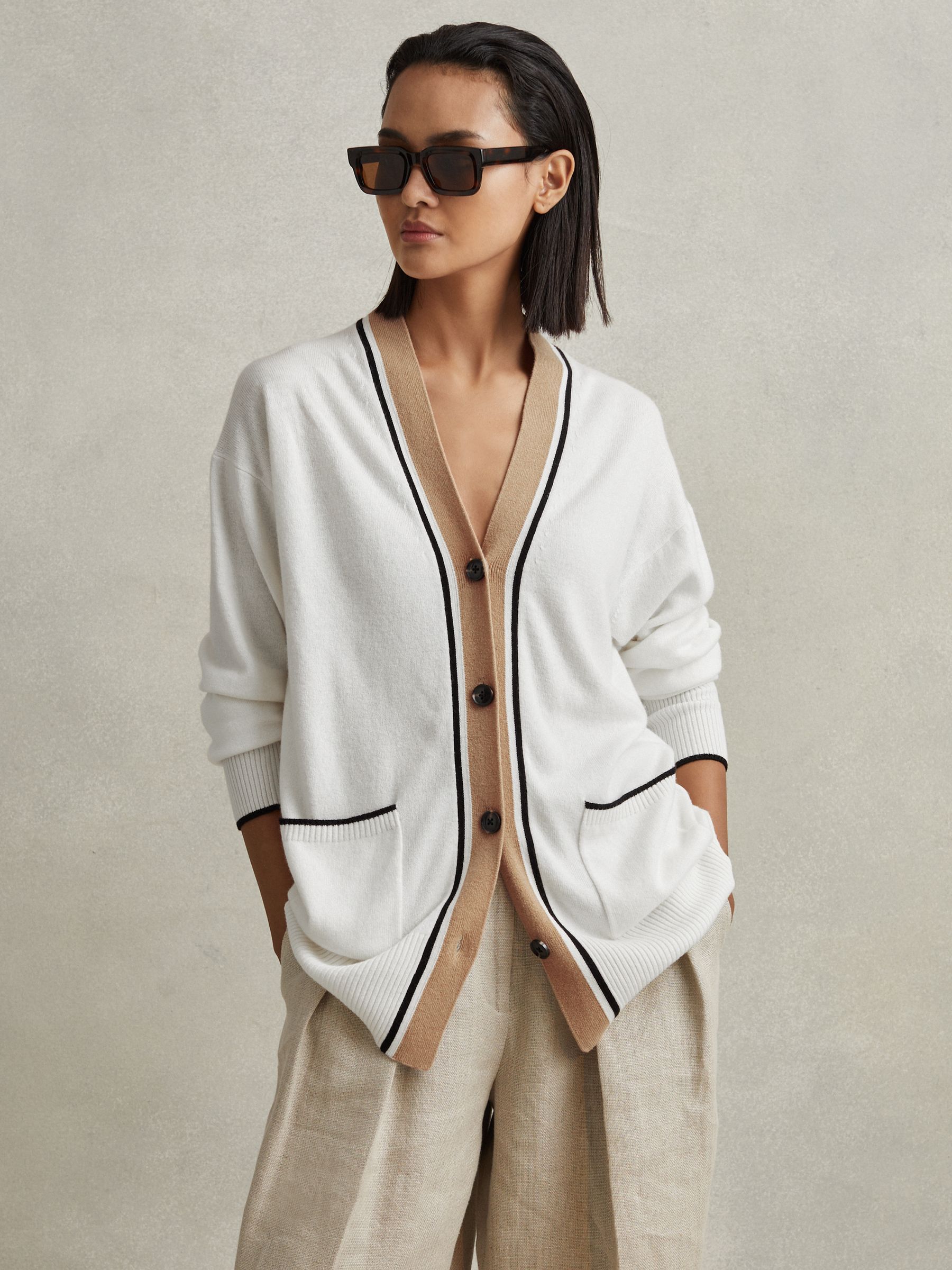 Wool Blend Contrast Trim Cardigan in Ivory/Black - Image 1 of 6 Wool Blend Contrast Trim Cardigan in Ivory/Black - Image 1 of 6