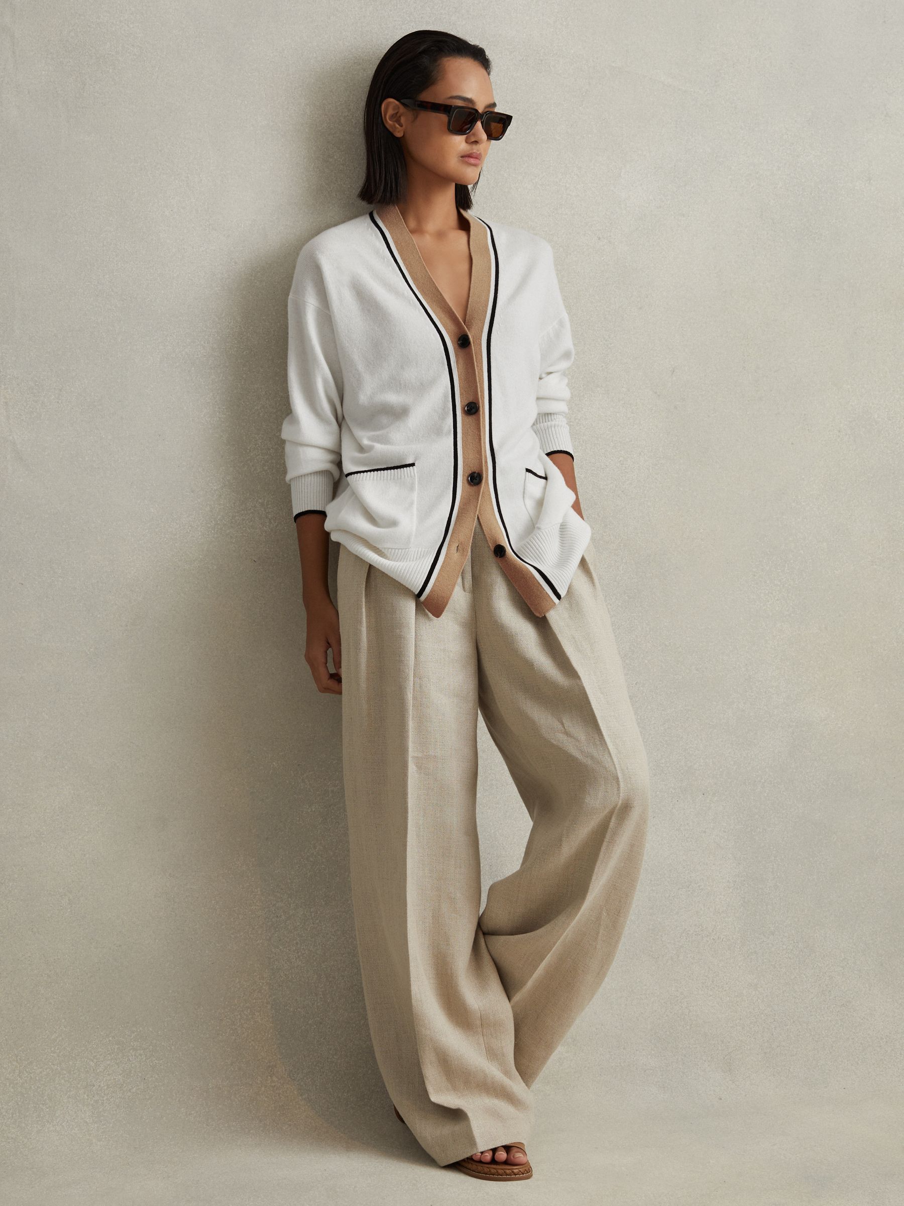 Wool Blend Contrast Trim Cardigan in Ivory/Black - Image 4 of 6