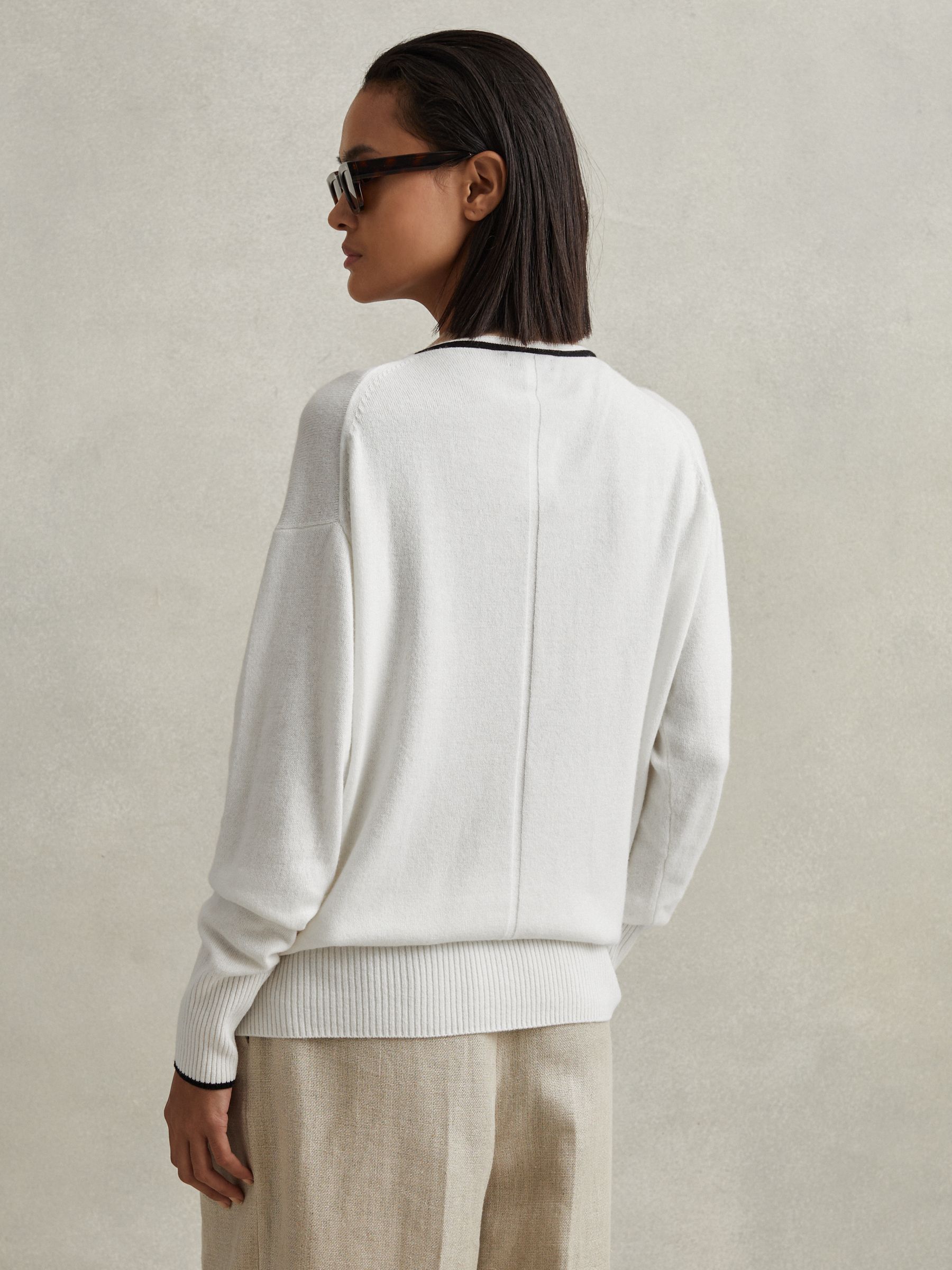 Wool Blend Contrast Trim Cardigan in Ivory/Black - Image 5 of 6