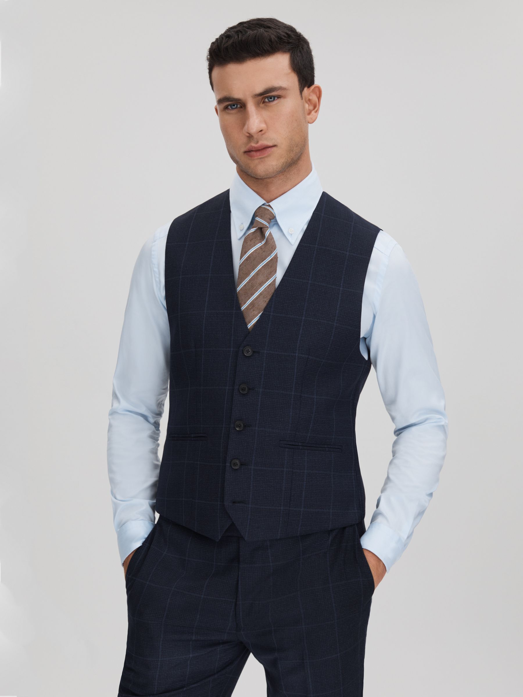 Klink Navy Wool Check Single Breasted Slim Fit Waistcoat - Image 1 of 6