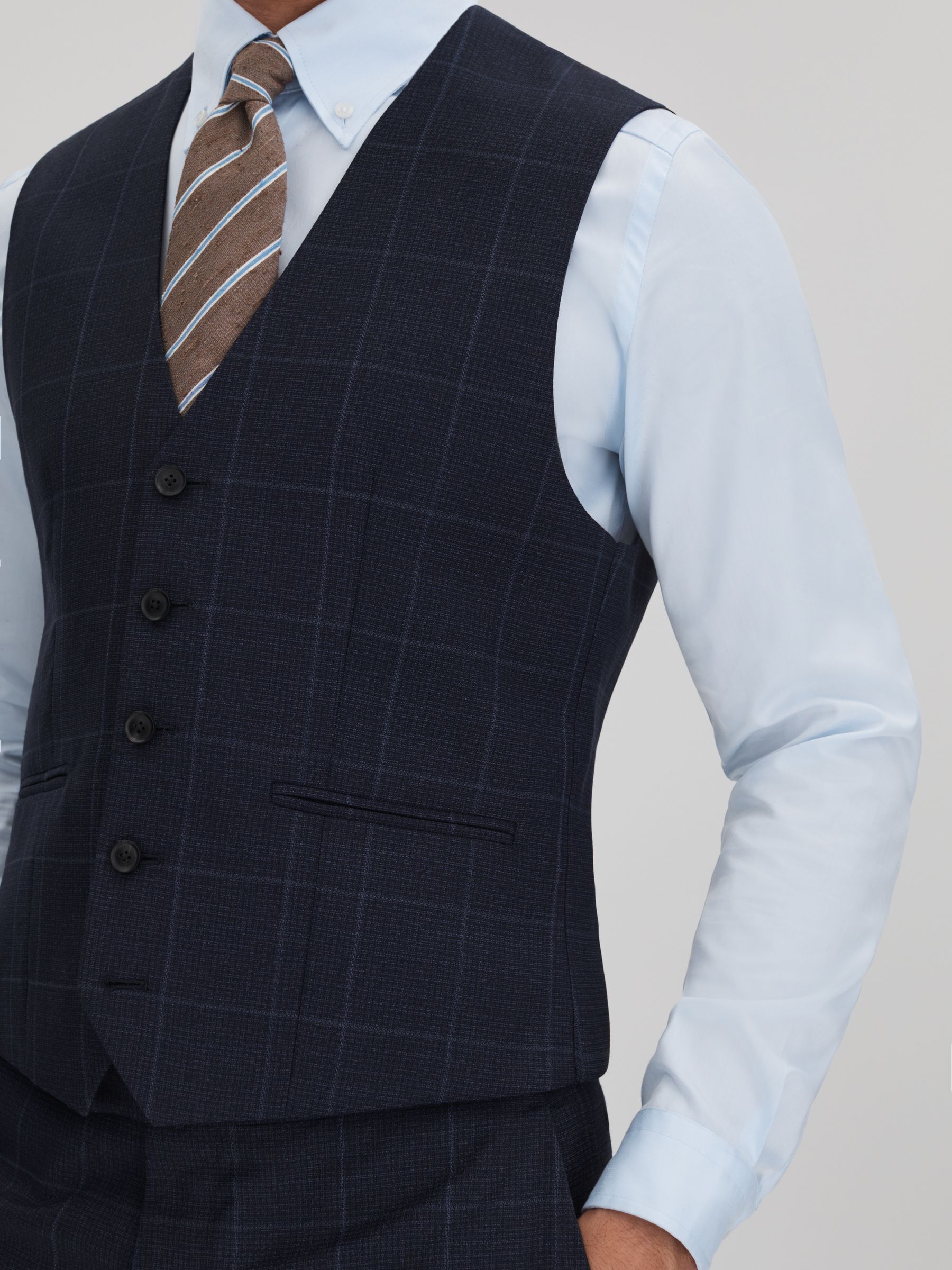 Klink Navy Wool Check Single Breasted Slim Fit Waistcoat - Image 4 of 6