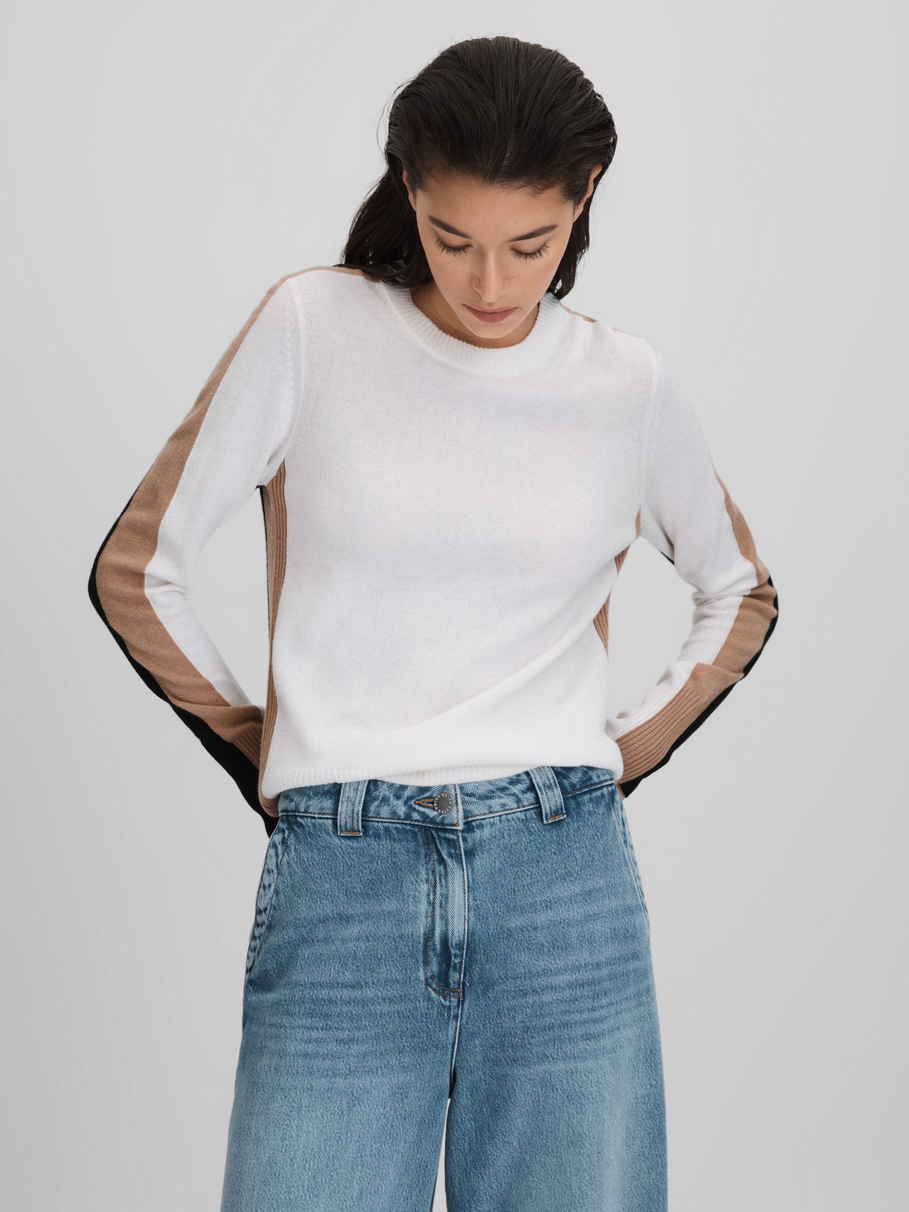 Wool Blend Colourblock Jumper in Ivory/Black - Image 1 of 7