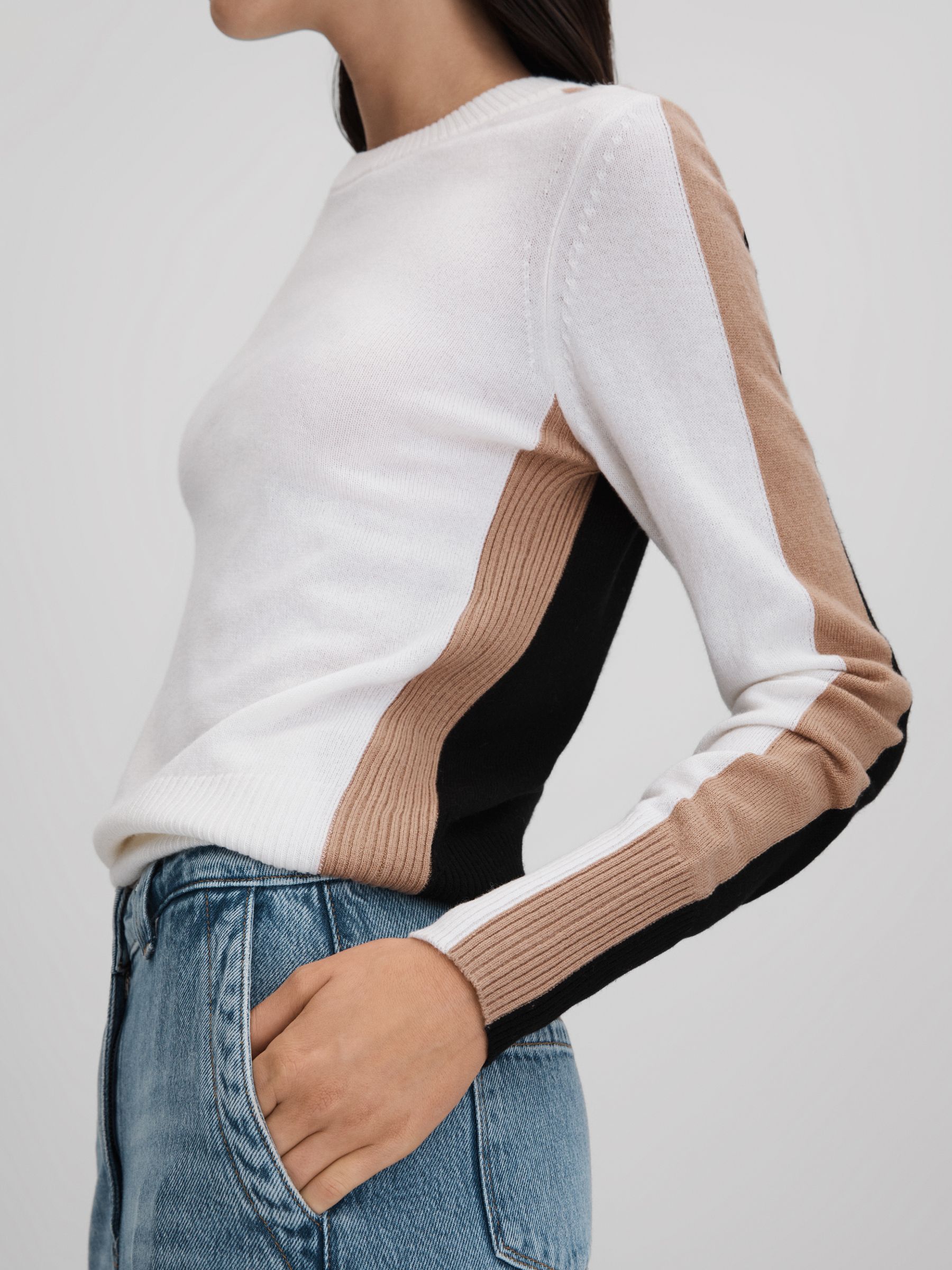 Wool Blend Colourblock Jumper in Ivory/Black - Image 3 of 7