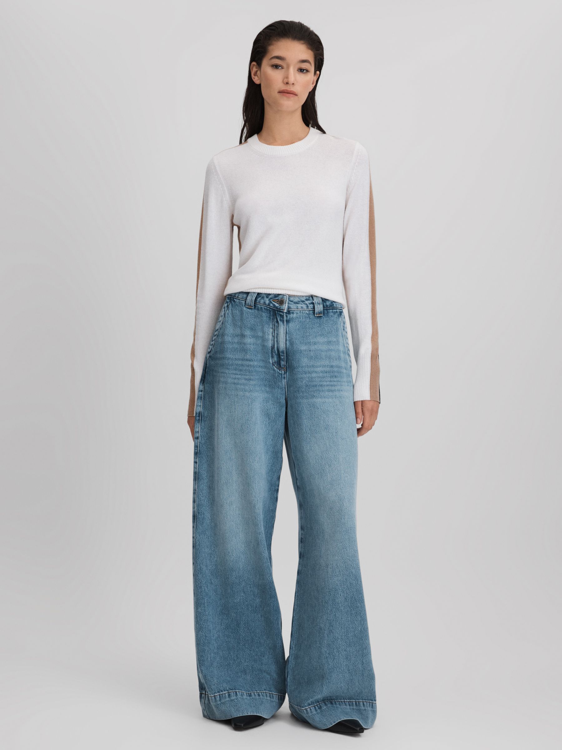 Wool Blend Colourblock Jumper in Ivory/Black - Image 4 of 7