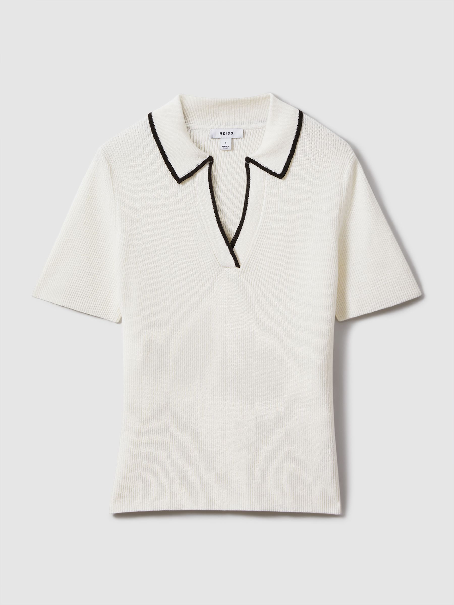 Linen Blend Open Collar Polo Shirt in Ivory/Black - Image 2 of 4