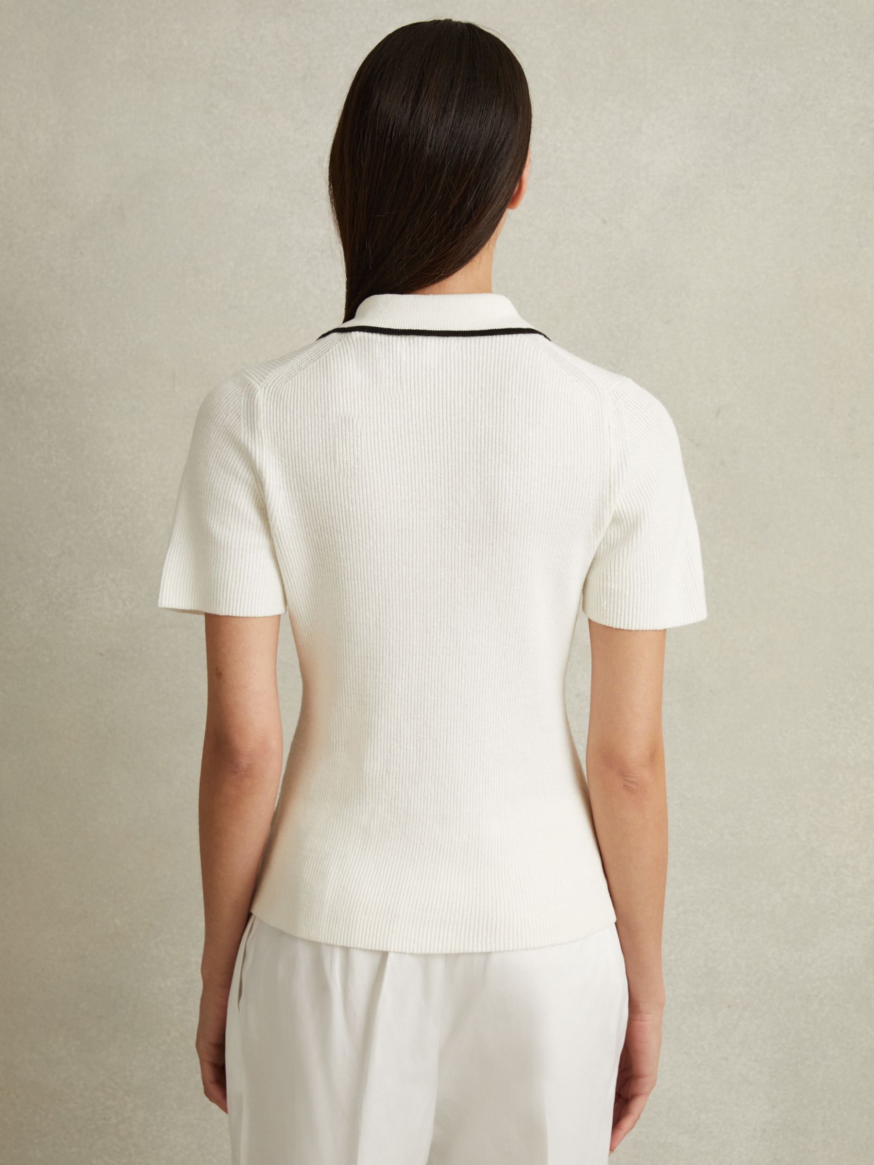 Linen Blend Open Collar Polo Shirt in Ivory/Black - Image 4 of 4