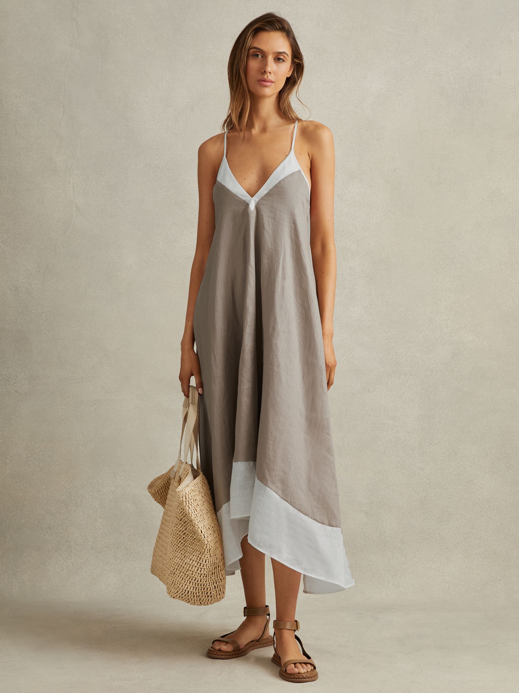 Linen Colourblock Cross-Back Midi Dress in Ivory/Taupe - Image 1 of 5