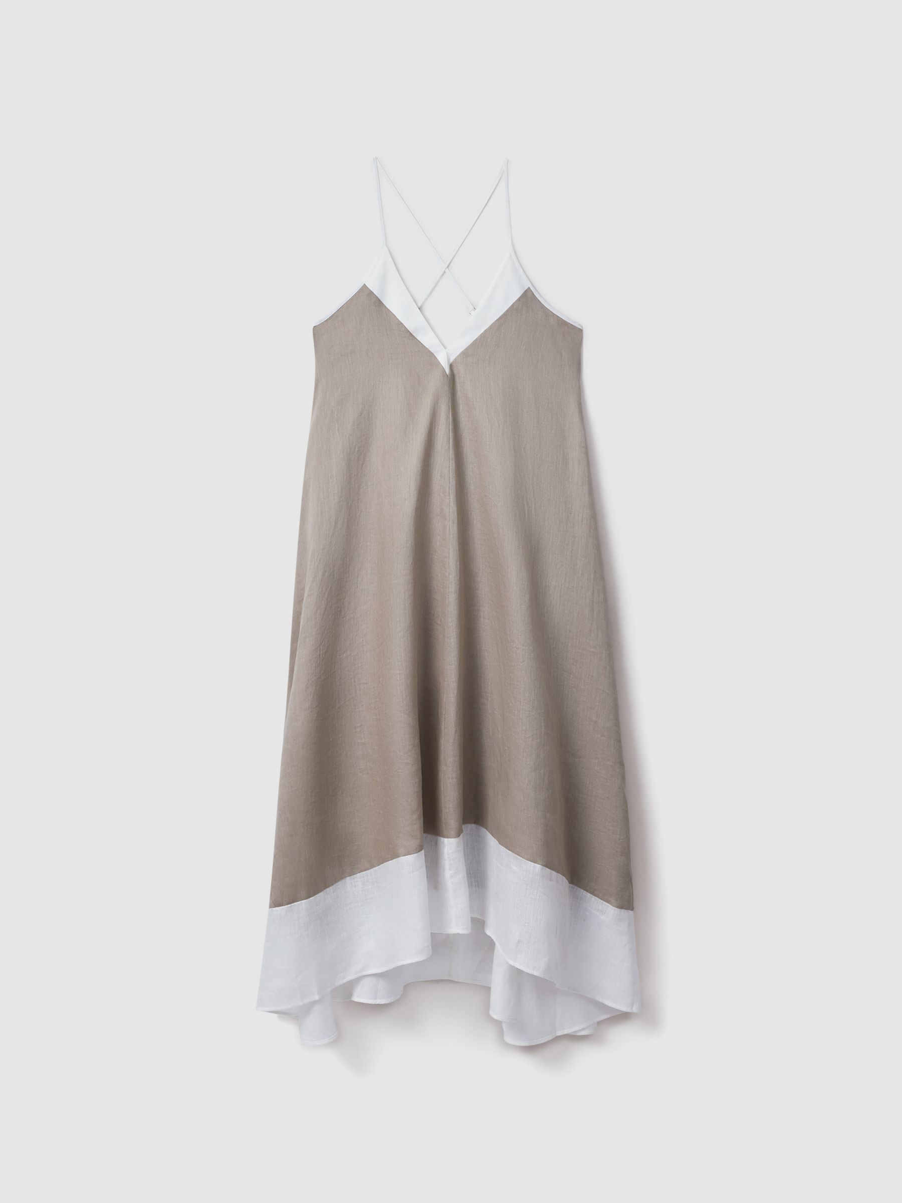 Linen Colourblock Cross-Back Midi Dress in Ivory/Taupe - Image 2 of 5