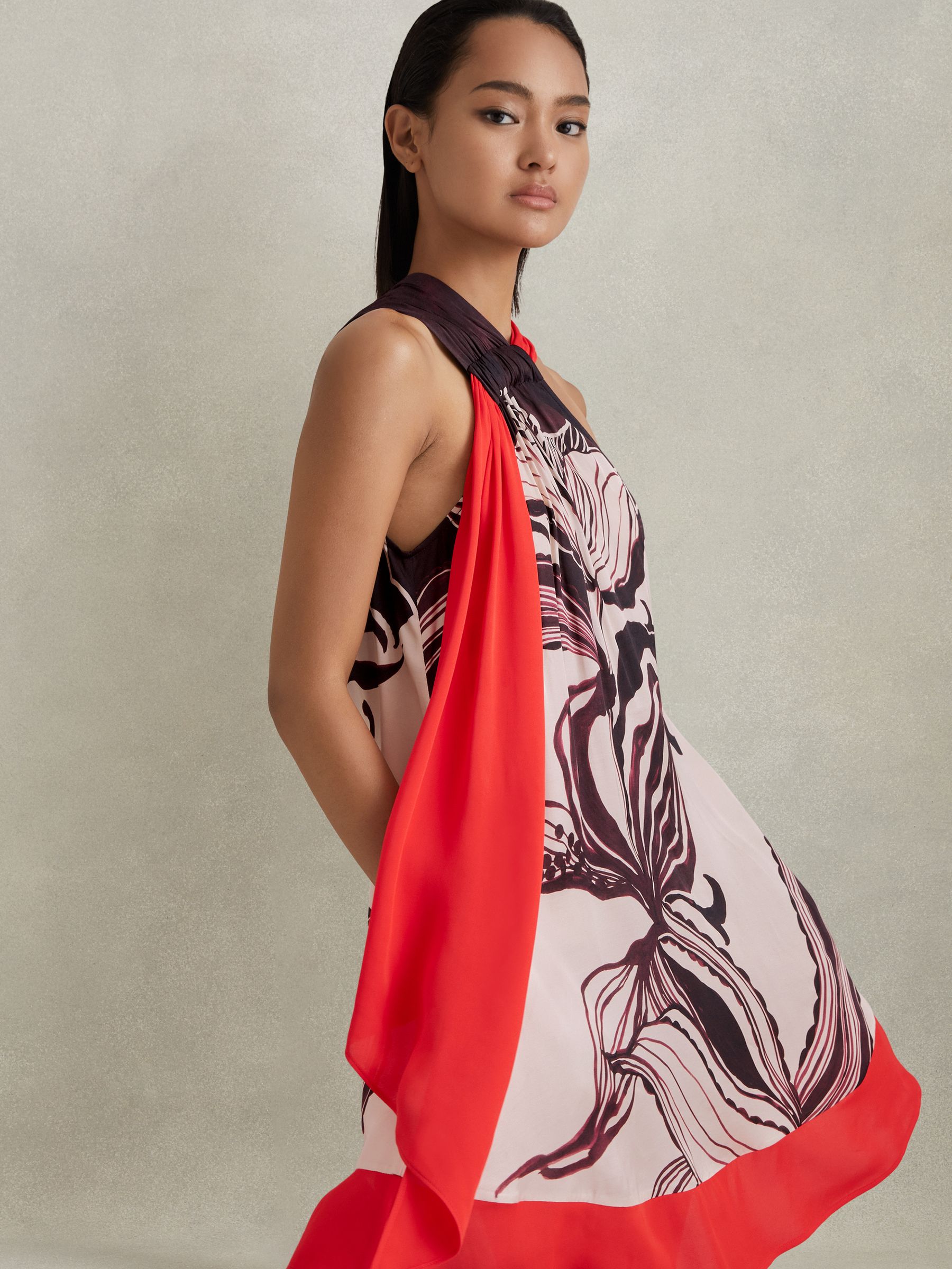 Printed Ruche Neck Shift Dress in Ivory/Burgundy - Image 1 of 6
