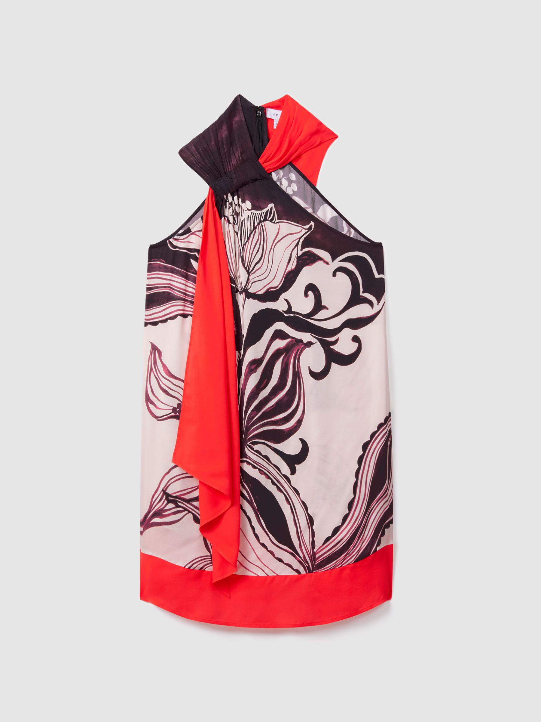 Printed Ruche Neck Shift Dress in Ivory/Burgundy - Image 2 of 6