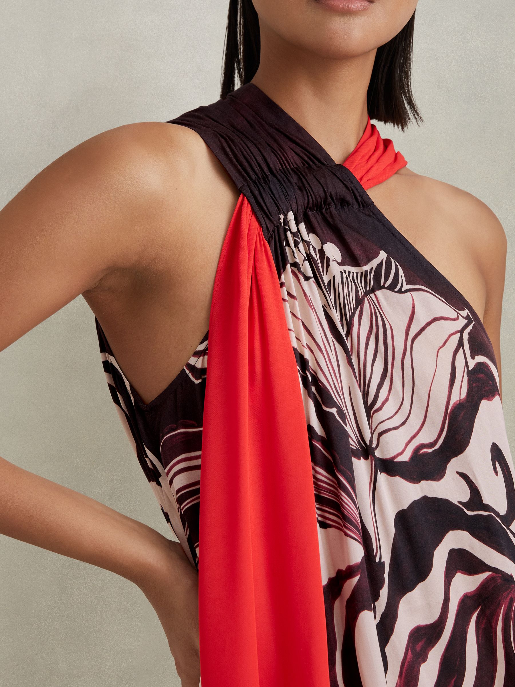 Printed Ruche Neck Shift Dress in Ivory/Burgundy - Image 3 of 6