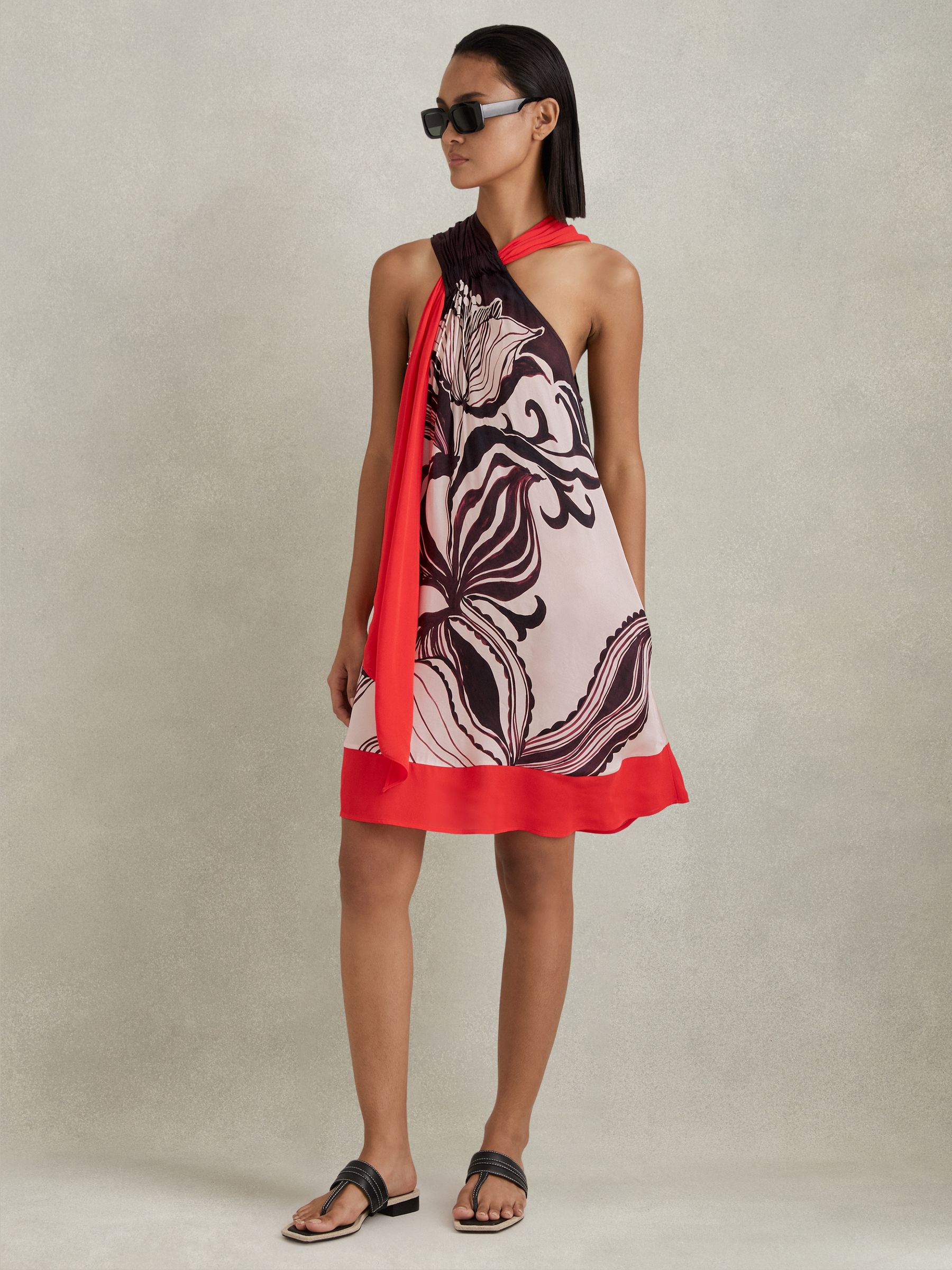 Printed Ruche Neck Shift Dress in Ivory/Burgundy - Image 4 of 6