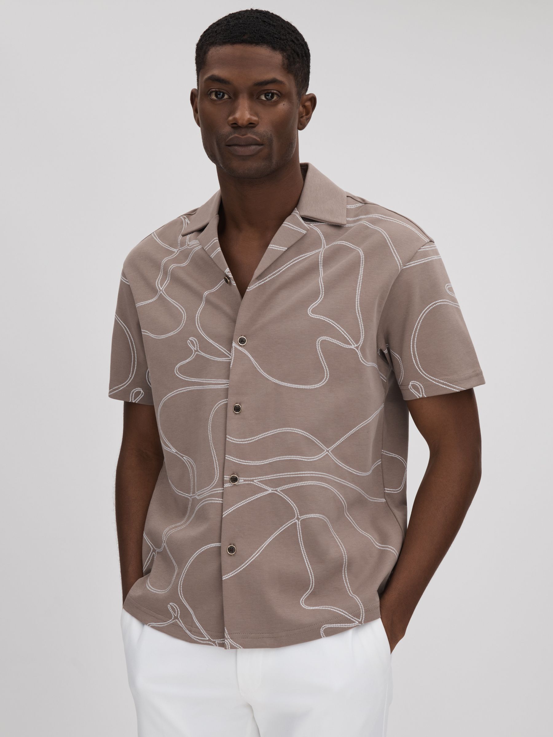 Cotton Jersey Embroidered Shirt in Taupe - Image 1 of 7 Cotton Jersey Embroidered Shirt in Taupe - Image 1 of 7