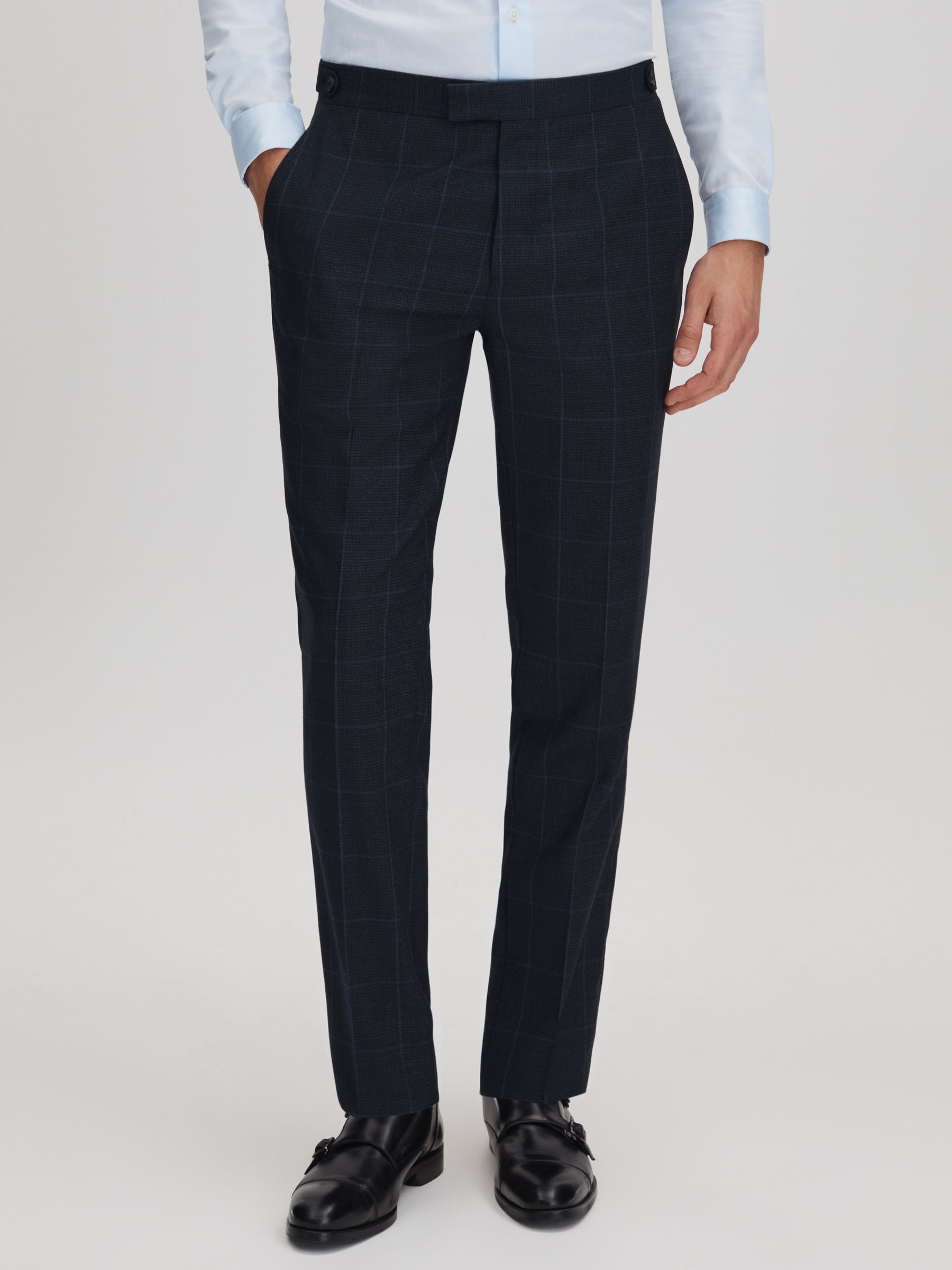 Klink Navy Wool Check Adjuster Slim Fit Trousers - Image 1 of 6