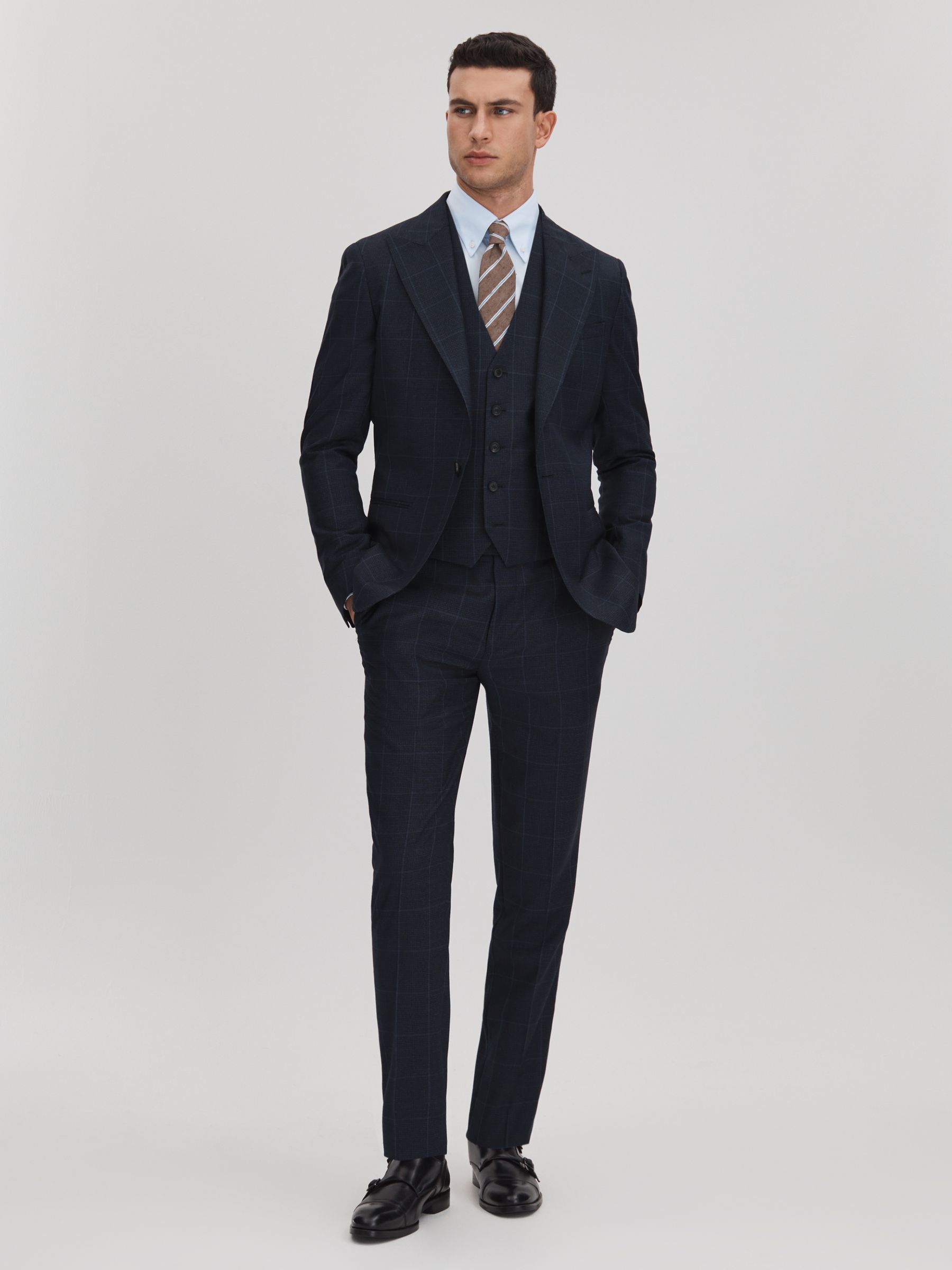 Klink Navy Wool Check Adjuster Slim Fit Trousers - Image 3 of 6