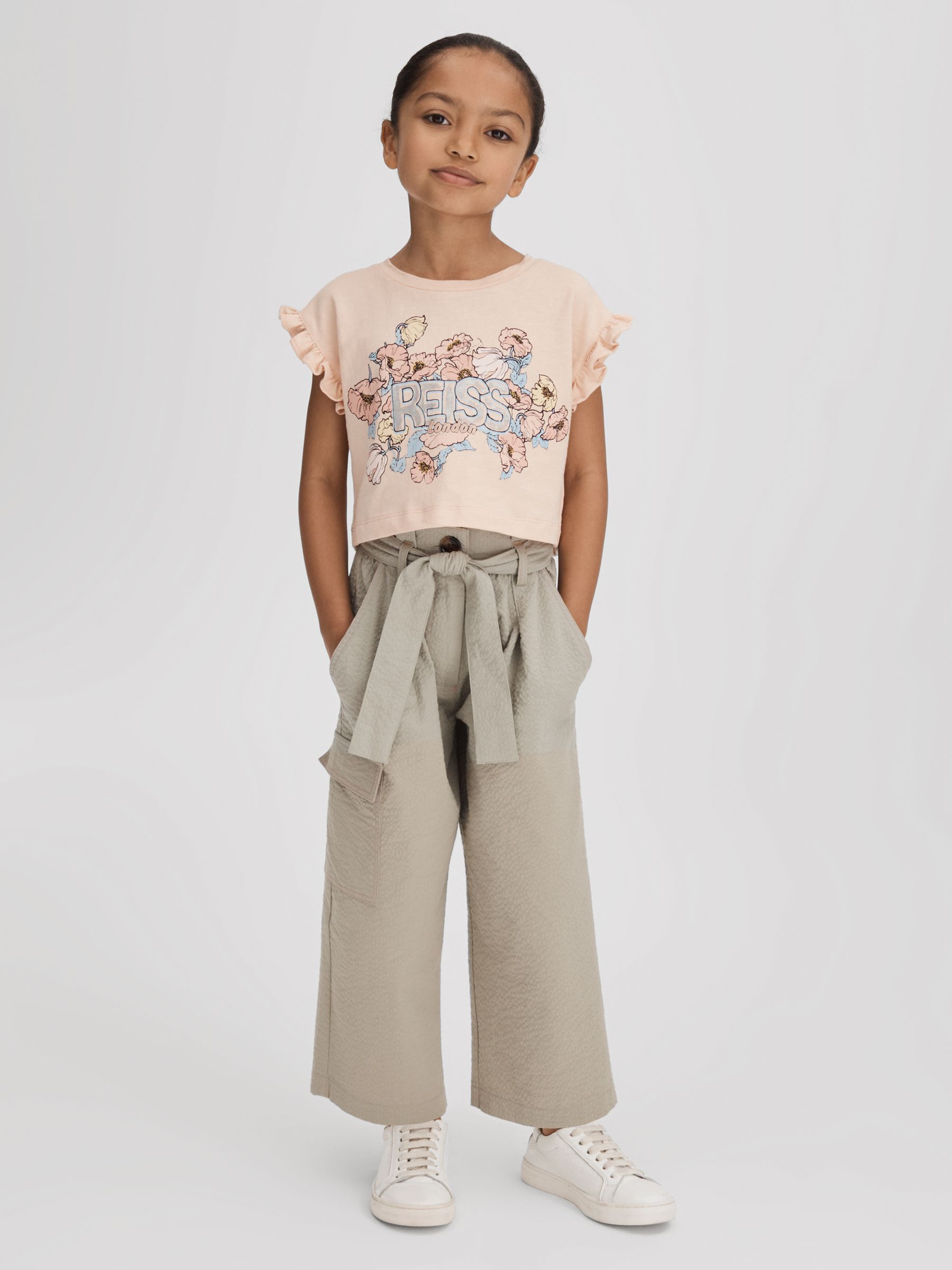 9-13 yrs Ruffle Sleeve Cropped Motif T-Shirt in Pink - Image 1 of 6