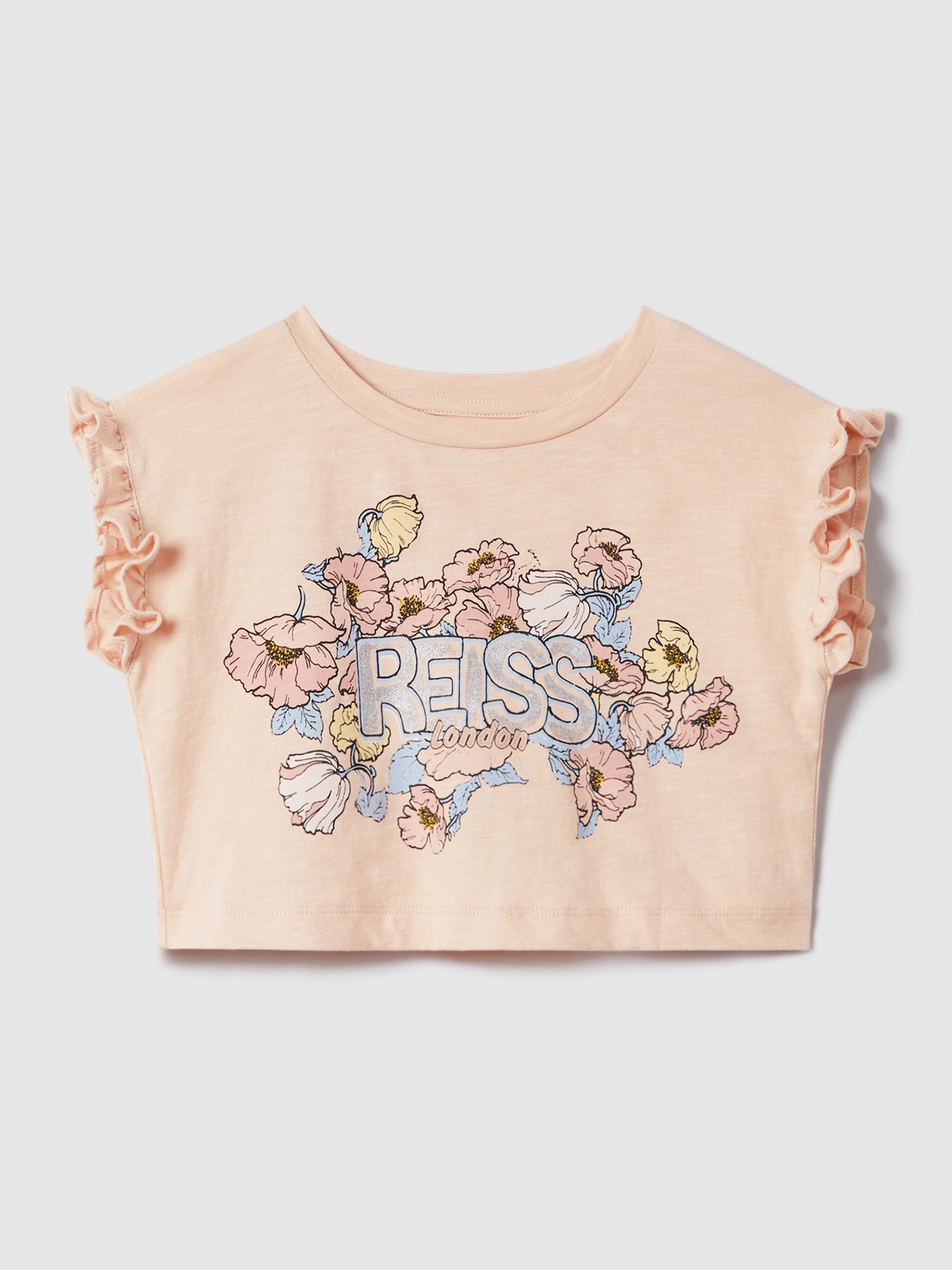 9-13 yrs Ruffle Sleeve Cropped Motif T-Shirt in Pink - Image 2 of 6