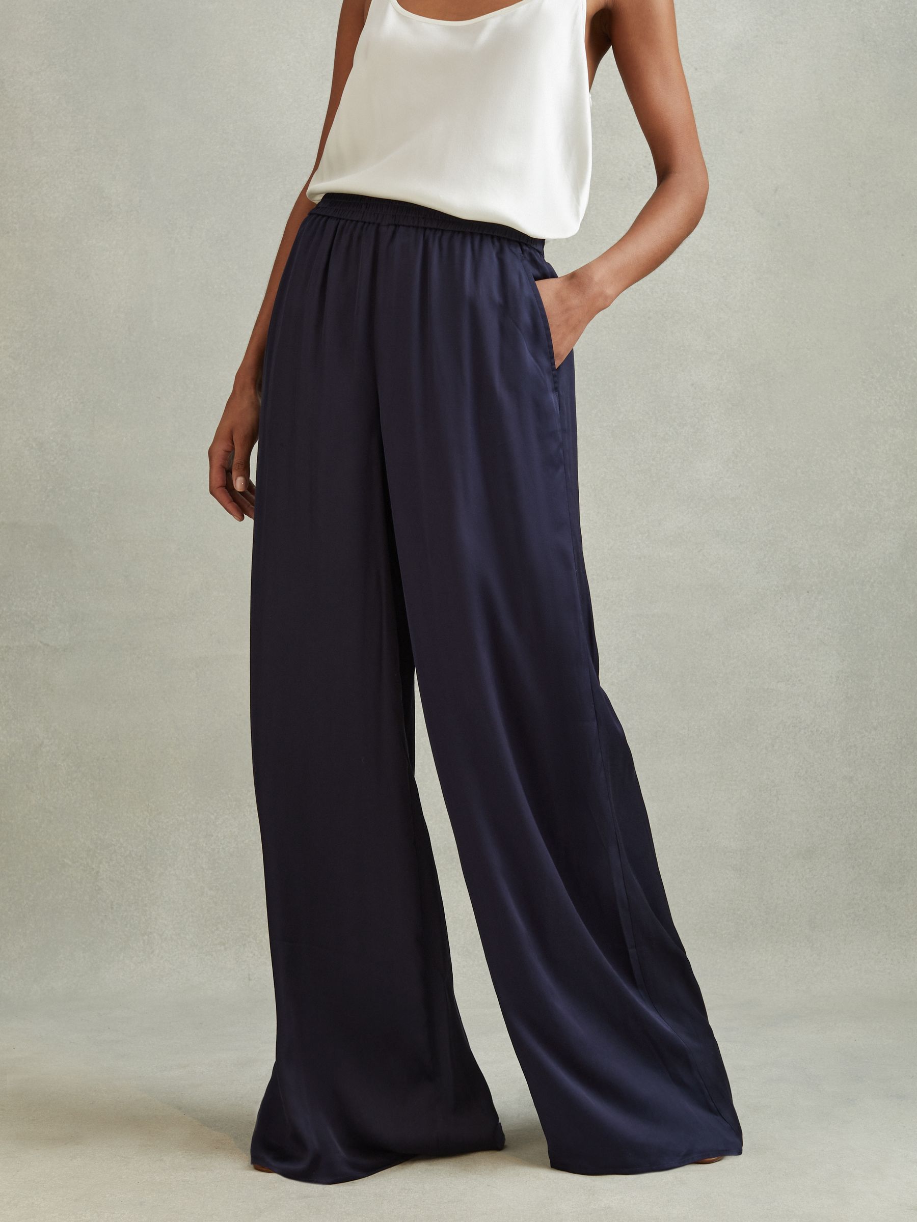 Petite Satin Elasticated Waist Wide Leg Trousers in Navy - Image 1 of 7