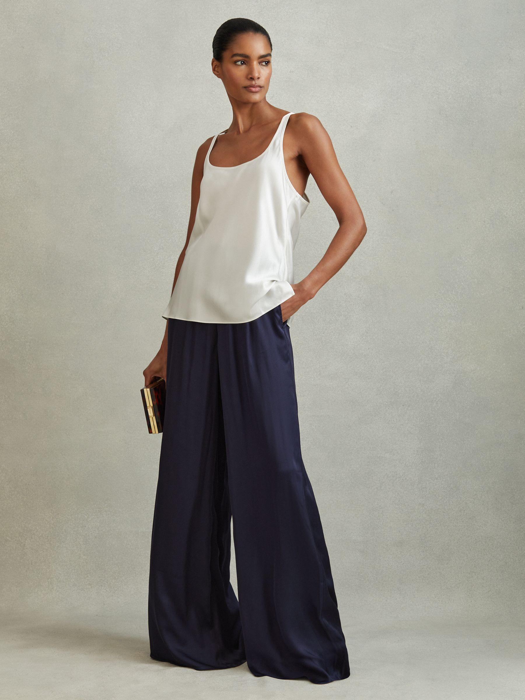 Petite Satin Elasticated Waist Wide Leg Trousers in Navy - Image 3 of 7