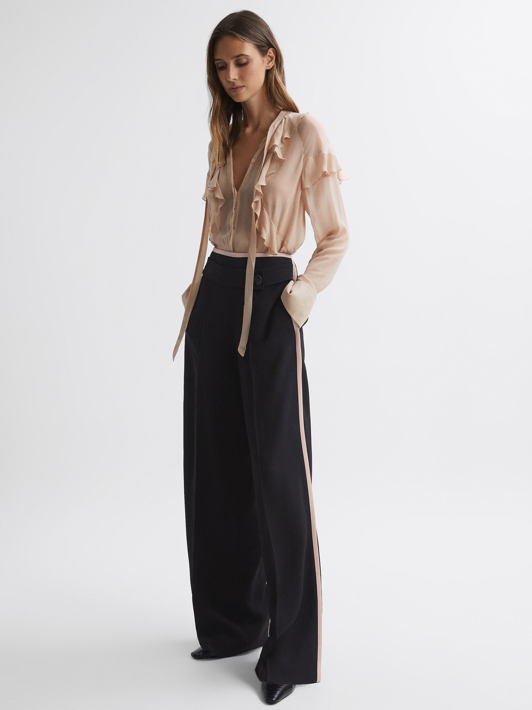Petite High Rise Wide Leg Trousers in Black/Pink - Image 3 of 6