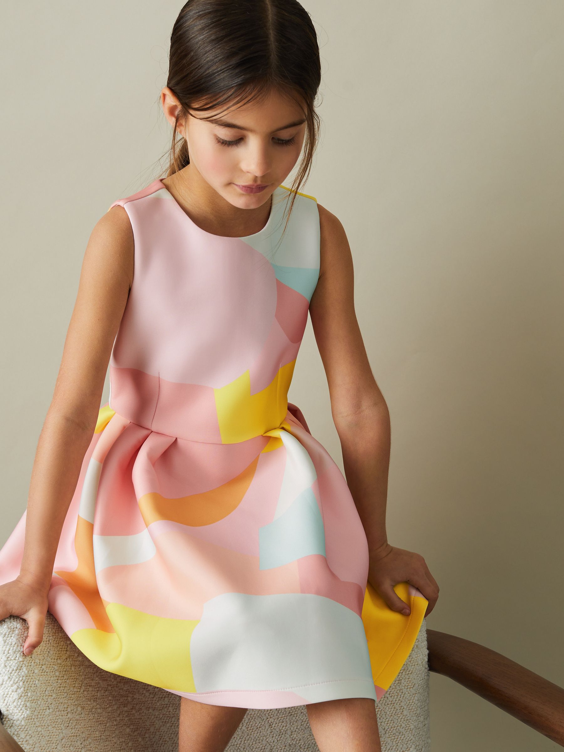 9-13 yrs Pleated Scuba Dress in Multi - Image 1 of 5