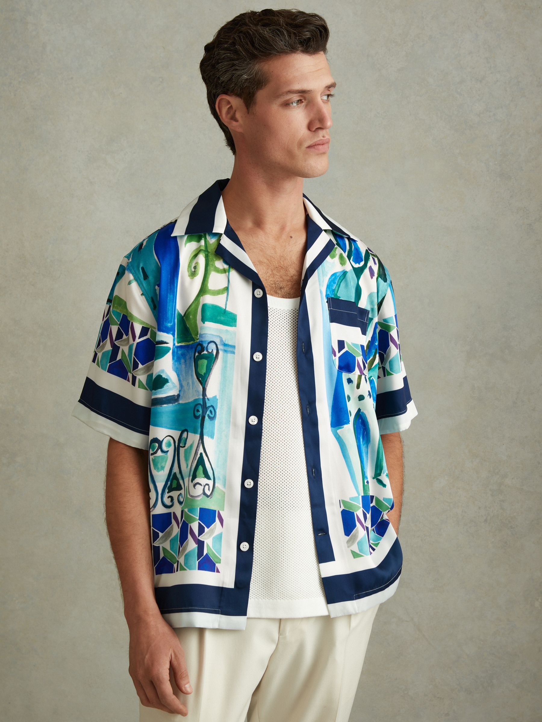 Cuban Collar Shirt in Blue Multi - Image 1 of 9