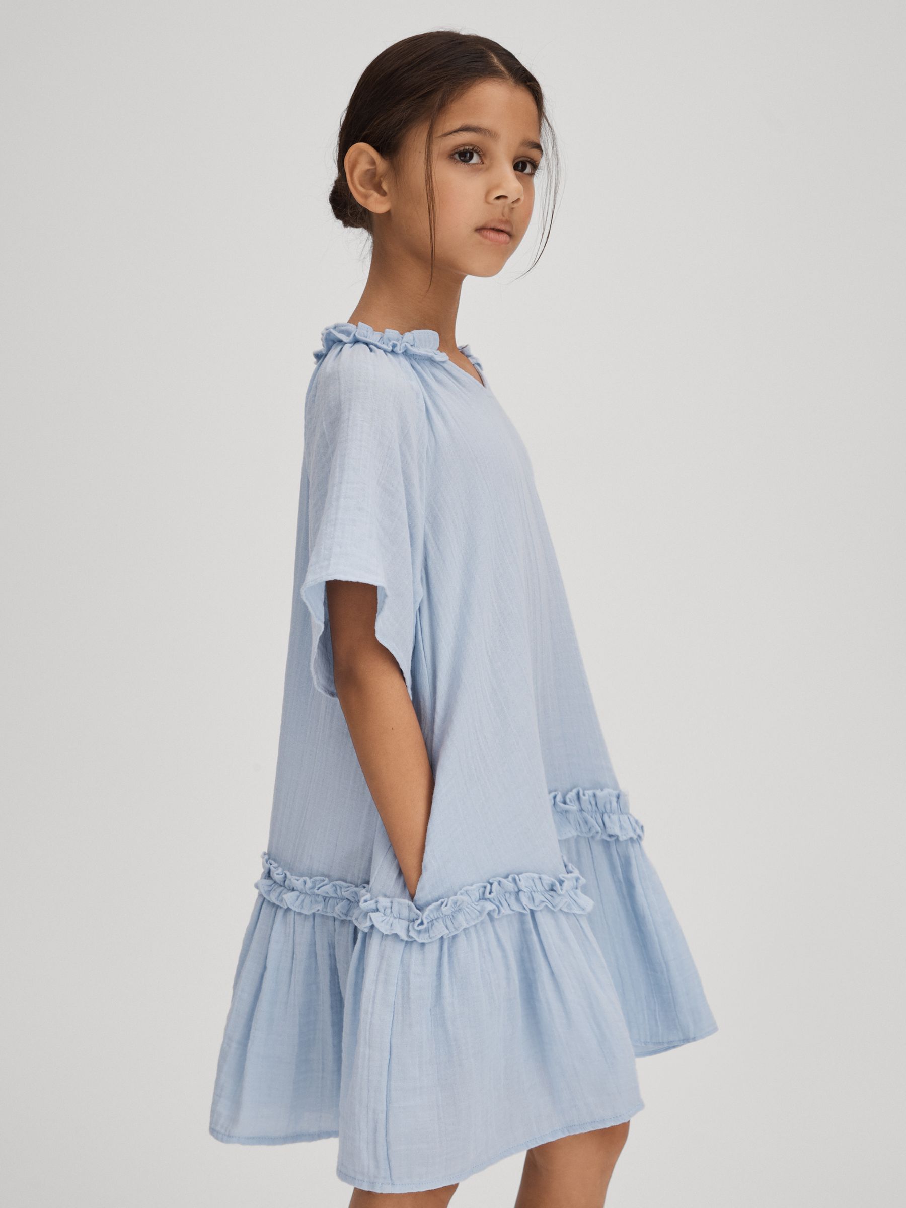 9-13 yrs Seersucker Cotton Ruffle Dress in Blue - Image 1 of 7 9-13 yrs Seersucker Cotton Ruffle Dress in Blue - Image 1 of 7