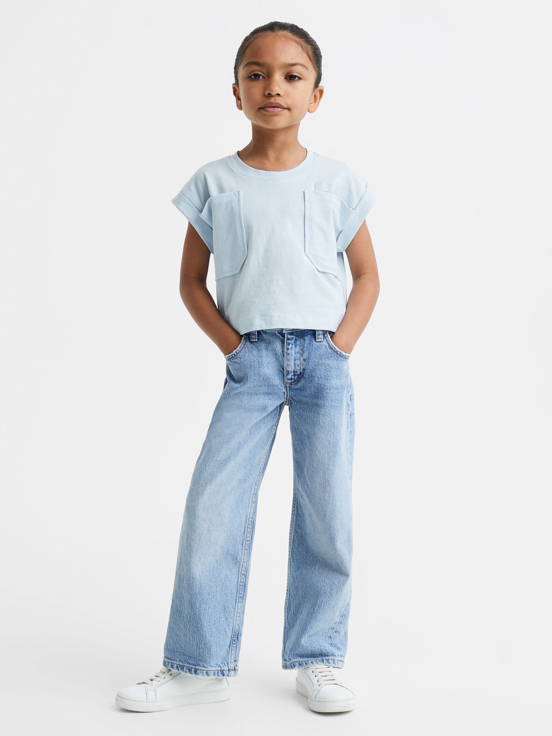 9-13 yrs Cropped Cotton Crew Neck T-Shirt in Blue - Image 1 of 6