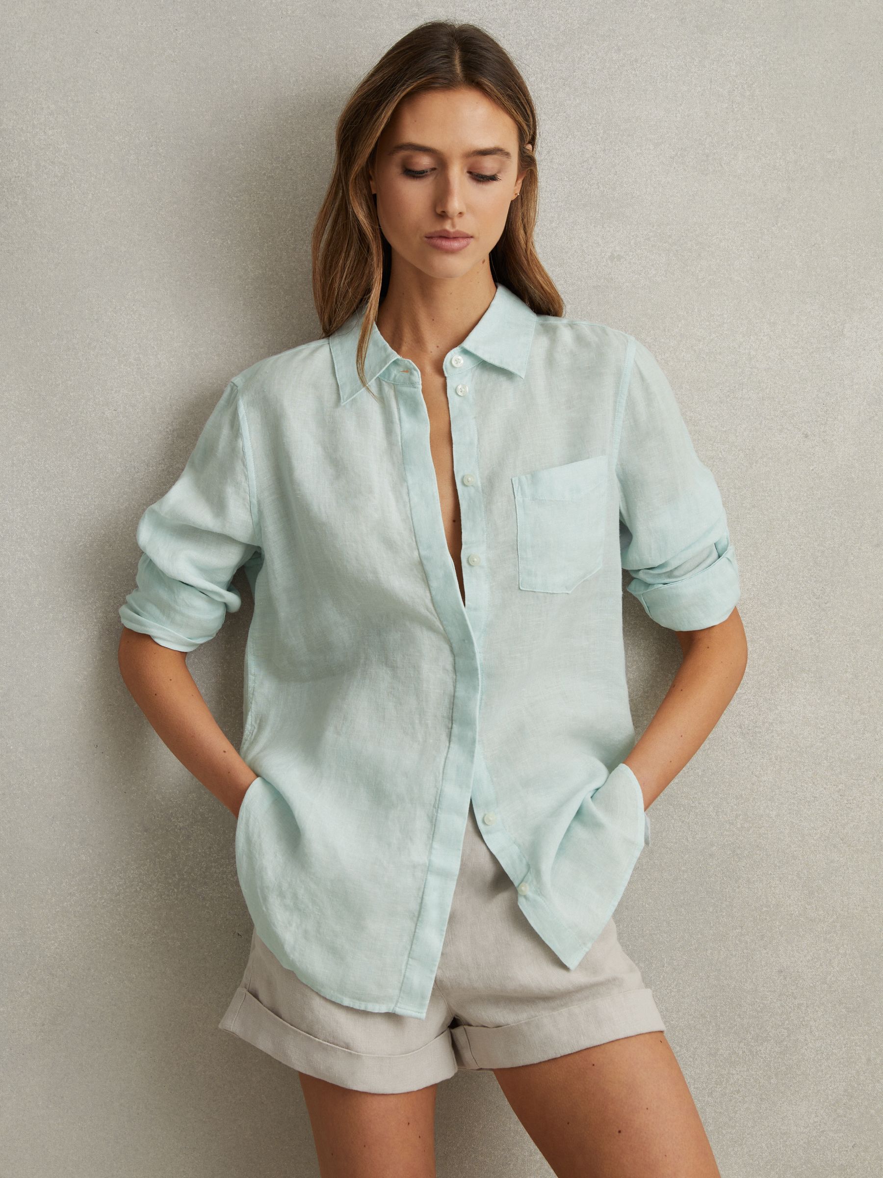 Belle Aqua 100% Linen Button-Through Shirt - Image 1 of 6